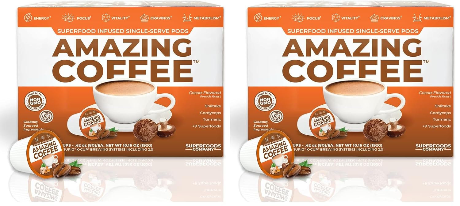 Superfoods Company Amazing Coffee- 12 Natural Superfoods - French Roast - Weight Loss & Brain Boost - Gluten Free, Non-GMO, Sugar Free, Vegan & Keto Friendly [24 Pods] [Cocoa] (Pack of 2)