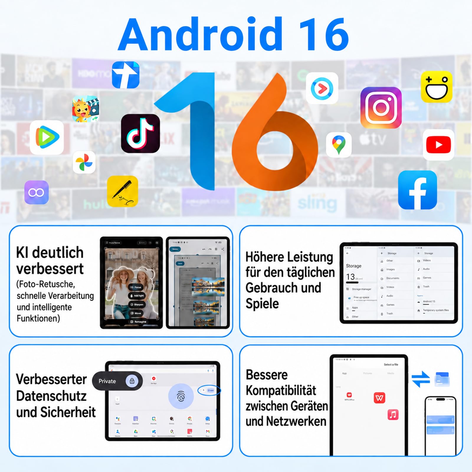 BESTTAB Android 16 Tablet 12 Zoll mit Tastatur, 48GB+256GB, 4G LTE/5G WiFi