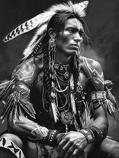 American Native Indian Man Black and White 5D Diamond Art Painting for Adults Full Drill Round Diamond Paint by Number Kits for Beginners Gems Cross Stitch for Wall Decor 15.8x19.8inch(2)