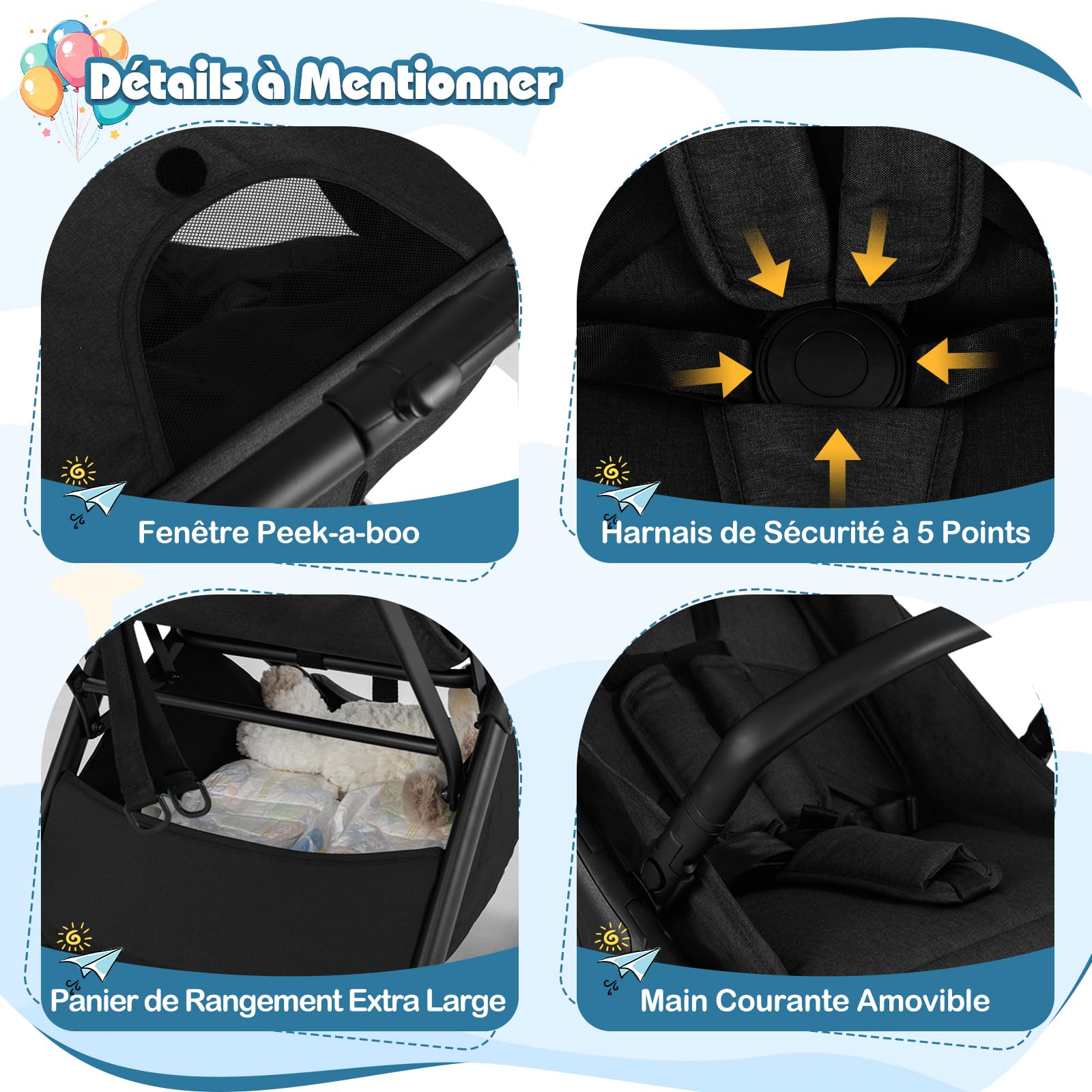 DREAMADE Poussette pour Bébé, Poussette Canne Ultra Compacte avec Harnais à 5 Points, Poussette Bébé Capote Grande avec Une Fenêtre, Pliage d'Une Main, Dossier Réglable, pour Enfant 0-3 Ans(Noir)