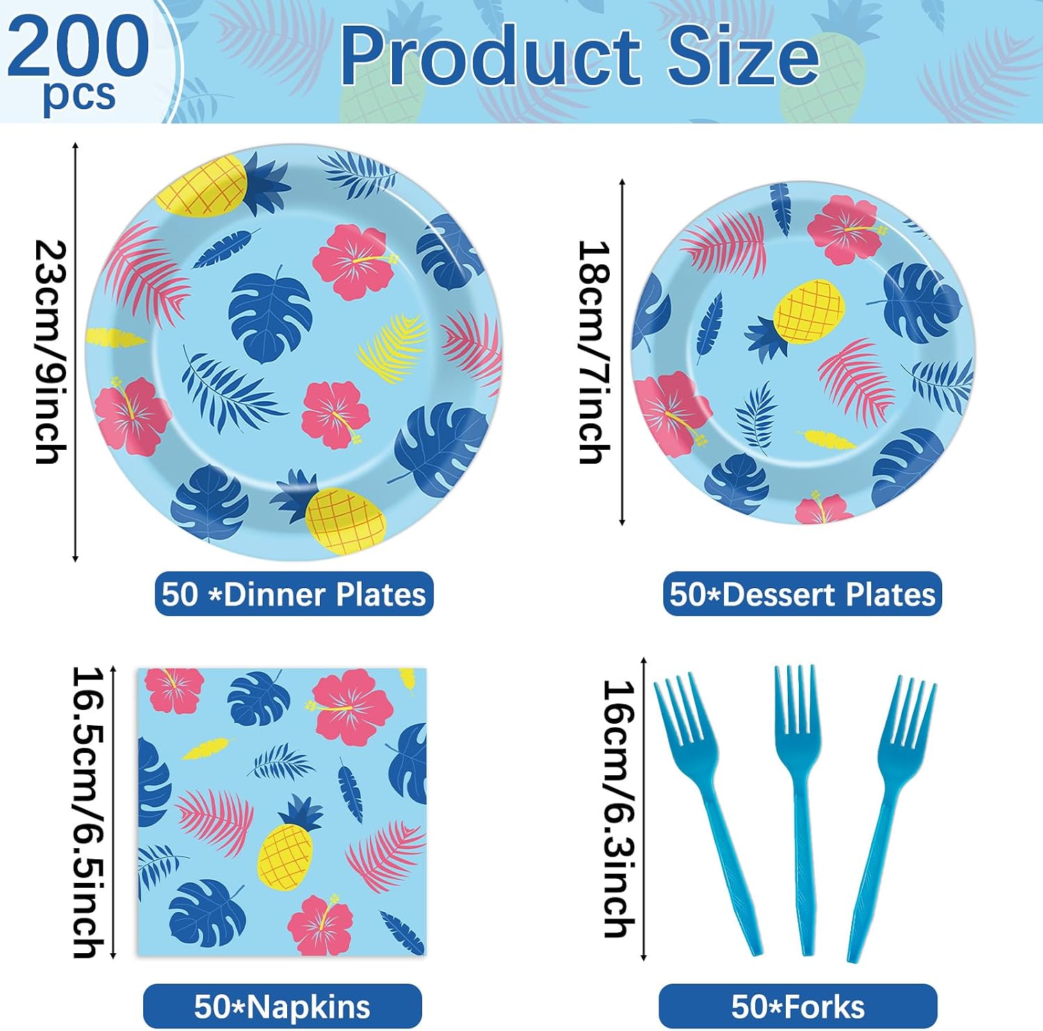 200pcs Cartoon Party Supplies Decorations Hawaii Tropical Paper Plates Napkins Hawaiian Hibiscus Floral Disposable Tableware set for Boys Girls Birthday Summer Aloha Animation Holiday Party Serve 50 image 2