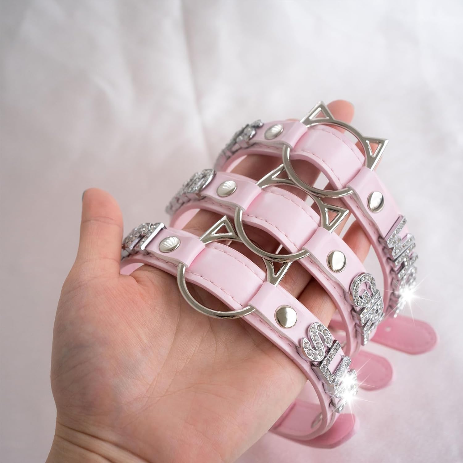 Black O-ring Choker Collar For Women, Pink Vegan Leather Choker Necklace Jewelry with Cat-shaped Ring and Rhinestone Letters - Image 3