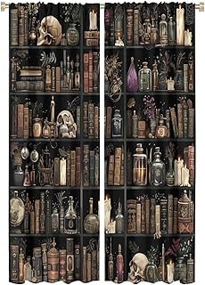 Gothic Library Book Blackout Curtains, Retro Bookshelf Skull Floral Candles Home Decor Rod Pocket Window Drapes for Living Room Bedroom- 2 Panels 63" L x 42" W