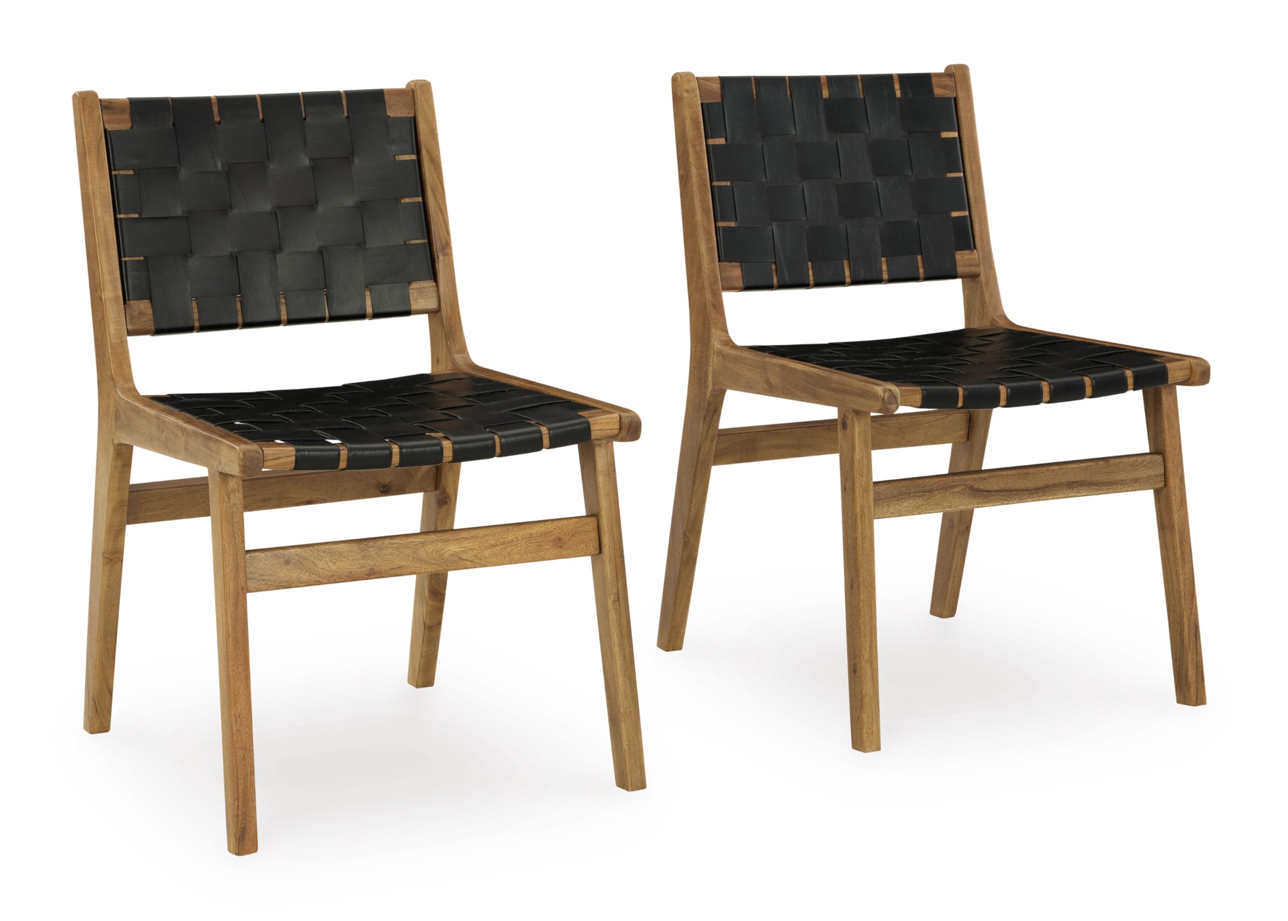 Photo 1 of Signature Design by Ashley Fortmaine Modern Upholstered Armless Dining Chair with Open Back and Woven Leather Straps, Set of 2, Light Brown & Black