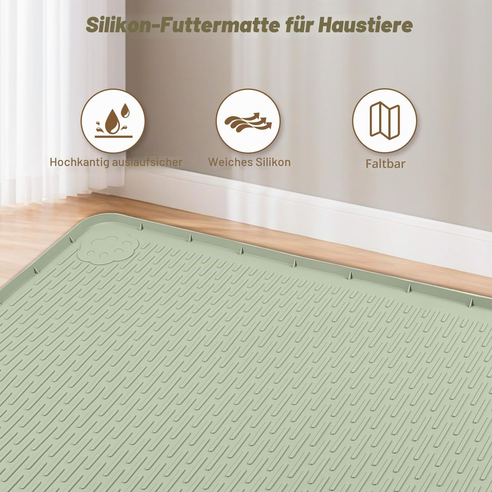 Extra große Silikon Katzenfuttermatte, 101x71cm Futtermatte für Haustiere mit erhöhtem Rand, Platzdeckchen für Futter- und Wassernäpfe, rutschfest, leicht zu reinigen (Grün)
