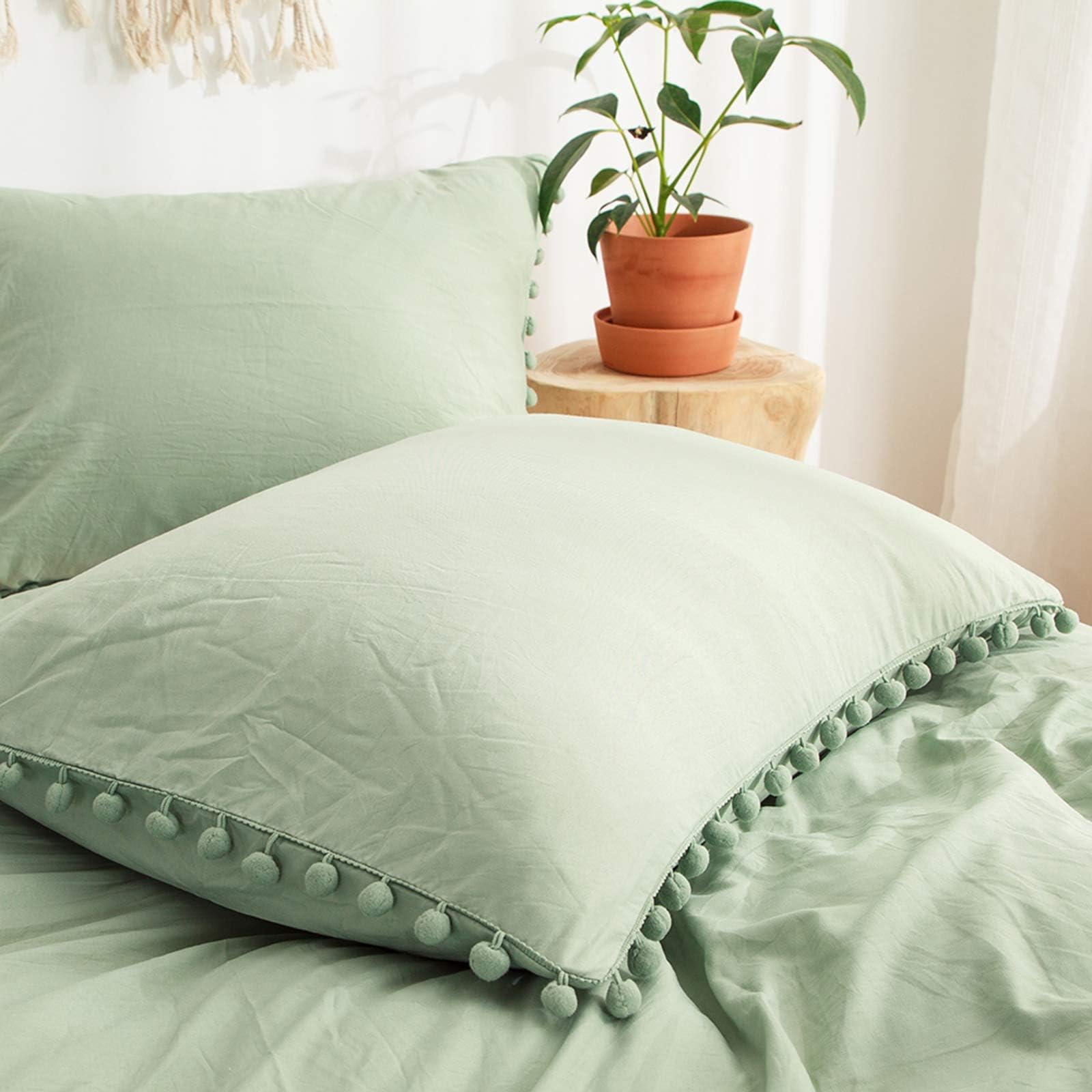 Sage Green Pom Poms Pillowcases, Green Standard Pillow Cases Set of 2, 100% Washed Microfiber, Dark Sea Green Ball Fringe Pillow Cover, 2 Pack (Queen, Sage Green)