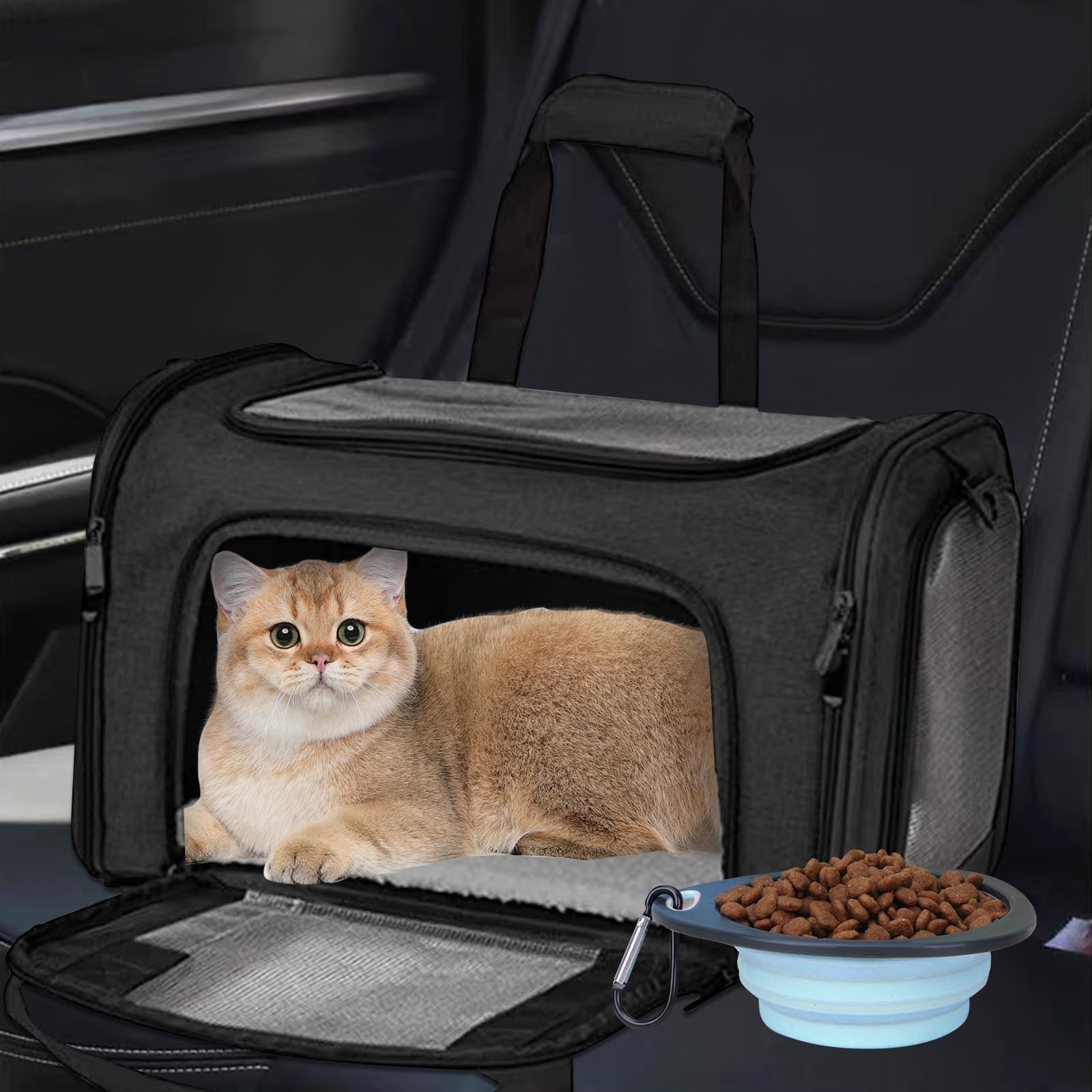 BYZESTY Transportbox Katze Hund Katzentransportbox Hundebox Faltbar Hundetransportbox Katzen Transportboxen Hundetasche Katzenbox Katzentransporttasche Inkl. Hundenapf, 42 x 27 x 28 cm (Schwarz 2)