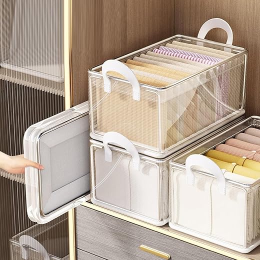 New White PVC Transparent Storage Basket With Lid and without lid Clothes Organizer Storage Box Steel Frame Wardrobe Organ...