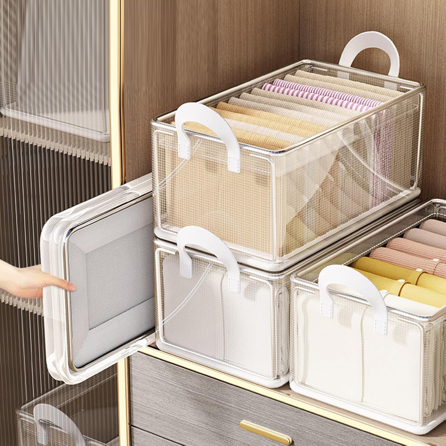Closet Clothes Organizer Dustproof Sturdy Storage Baskets Bins 26L Foldable Shelf Containers Bin Support Boards Dust Lid Steel Frame for Sweater Pants T-shirt Dress (Clear-No Lid)(1pcs)-image-1