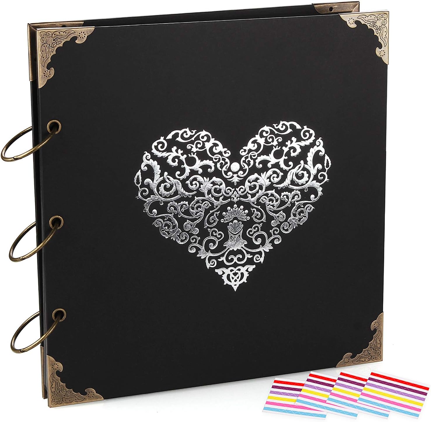 Photo Album DIY Scrapbook, 10x10 inch 50 Pages Double Sided, Vintage Hardcover Three-Ring Binder Picture Booth Albums with 6 Colors 408pcs Self Adhesive Photos Corners for Memory Keep (Black)