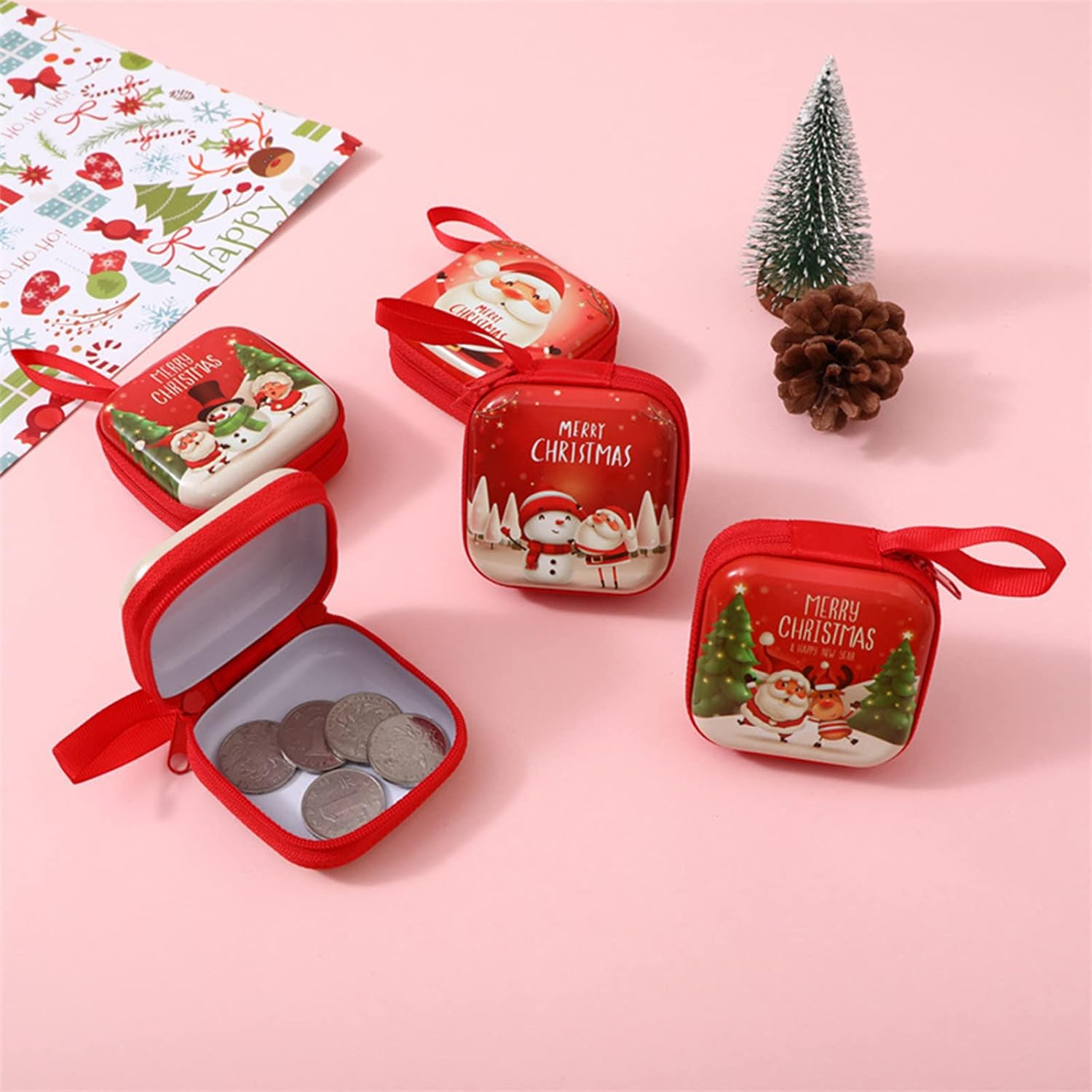 Christmas Storage Bag Cartoon Print Coin Purse for Creative Square Tinplate Pocket with Zipper for Coin Mini Card Candy