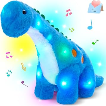 Houwsbaby 14'' 36CM Musical LED Dinosaur Stuffed Animal Floppy Diplodocus Plush Toy Singing Light Up Adorable Long Neck Lullaby Animated Soothe Baby Birthday for Kids Boy Toddlers, Blue