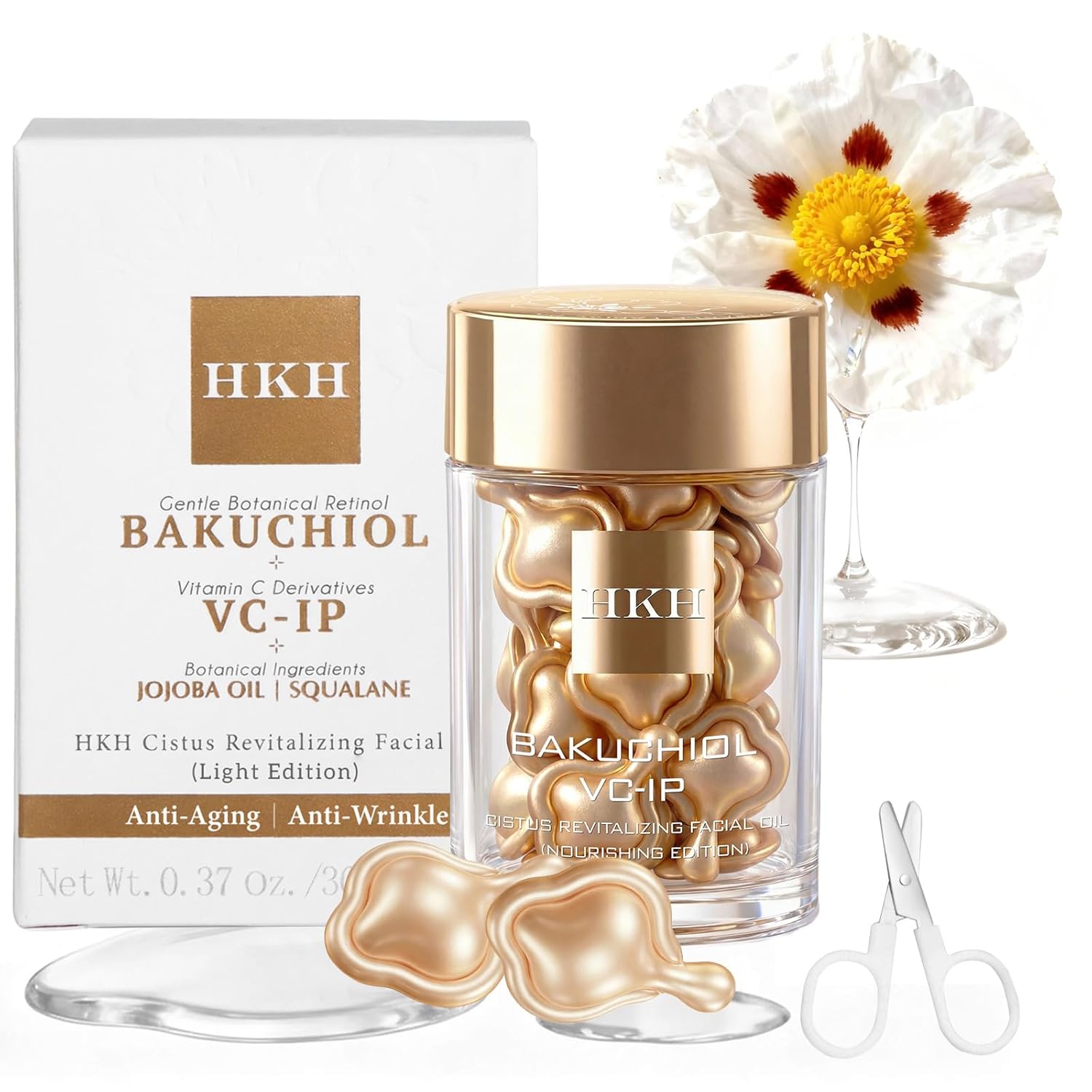 HKH Bakuchiol Retinol Serum For Face: 30 Caps Anti-Aging Serum for Sensitive Skin – SGS Tested to Reduce Wrinkles by 32.95% in 4 Weeks – 4 Plant-Based Vitamin A + Vitamin C – Travel-Friendly (Light)