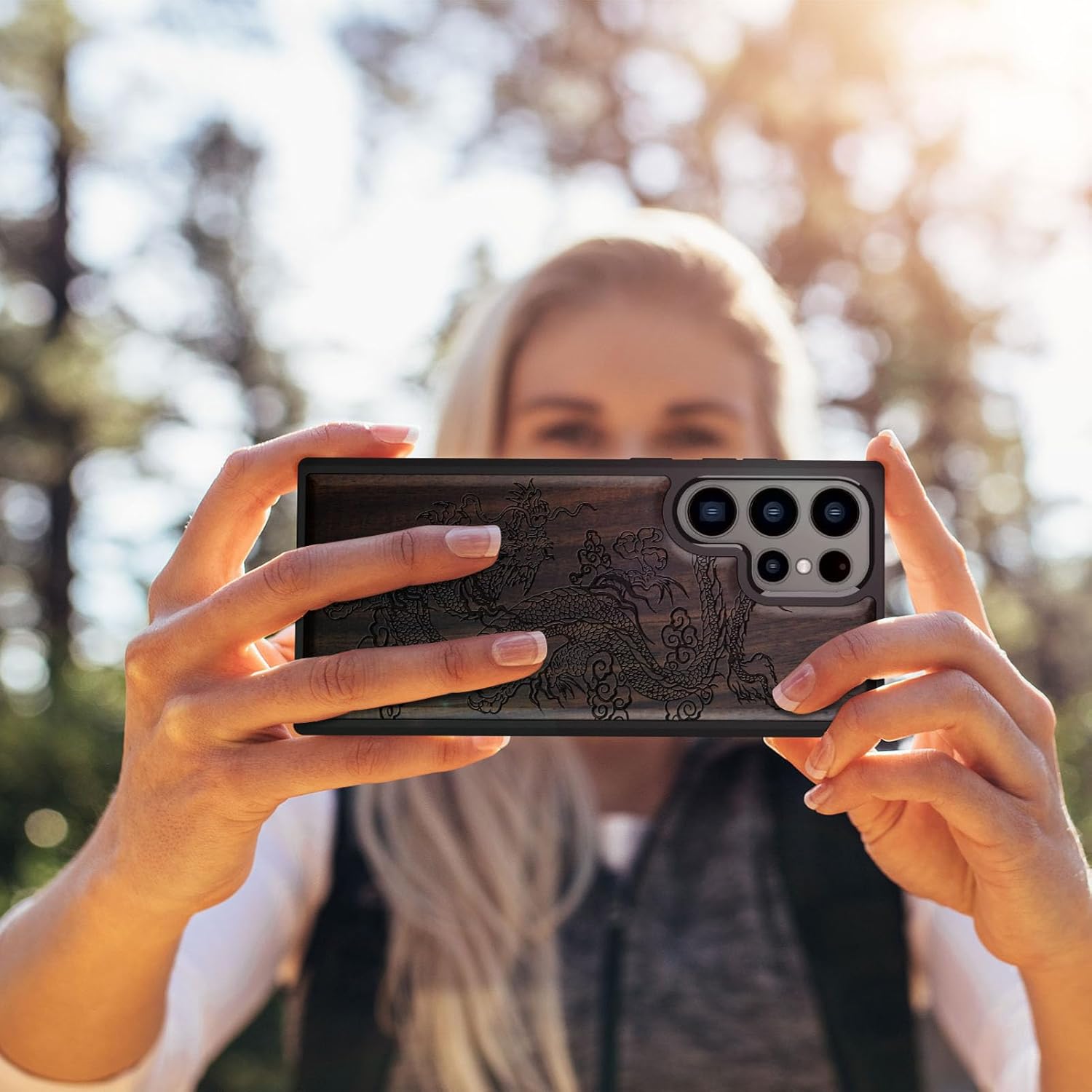 Carveit Wood Case for Galaxy S24 Ultra Case [Natural Wood & Black Soft TPU] Shockproof Protective Cover Unique Wooden Design Compatible with Samsung S24 Ultra (Majestic Chinese Dragon-Blackwood)