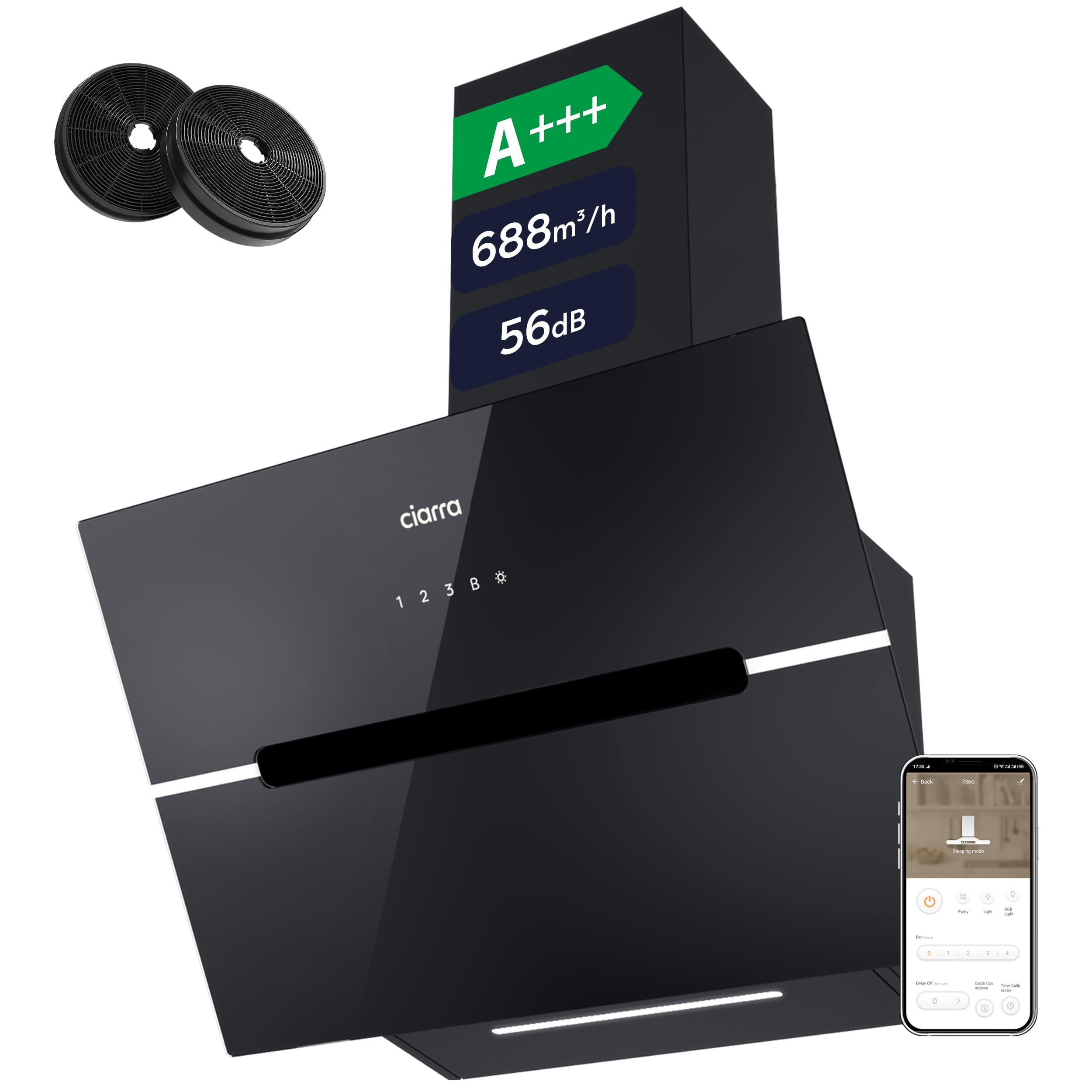 CIARRA CBCB6736F Campana Extractora 60cm Clase A+++ Wi-Fi App Touch-Booster