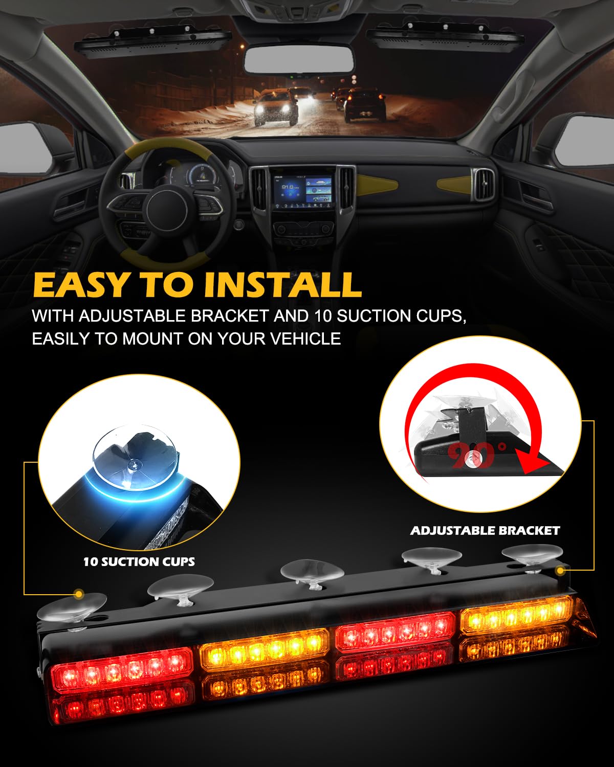 HLauto 604N - Luces estroboscópicas de emergencia con controlador, 5 x 42,7 cm, luz de seguridad roja ámbar con despegue, 48 LED intermitentes de seguridad, peligro, barra de luz interior para