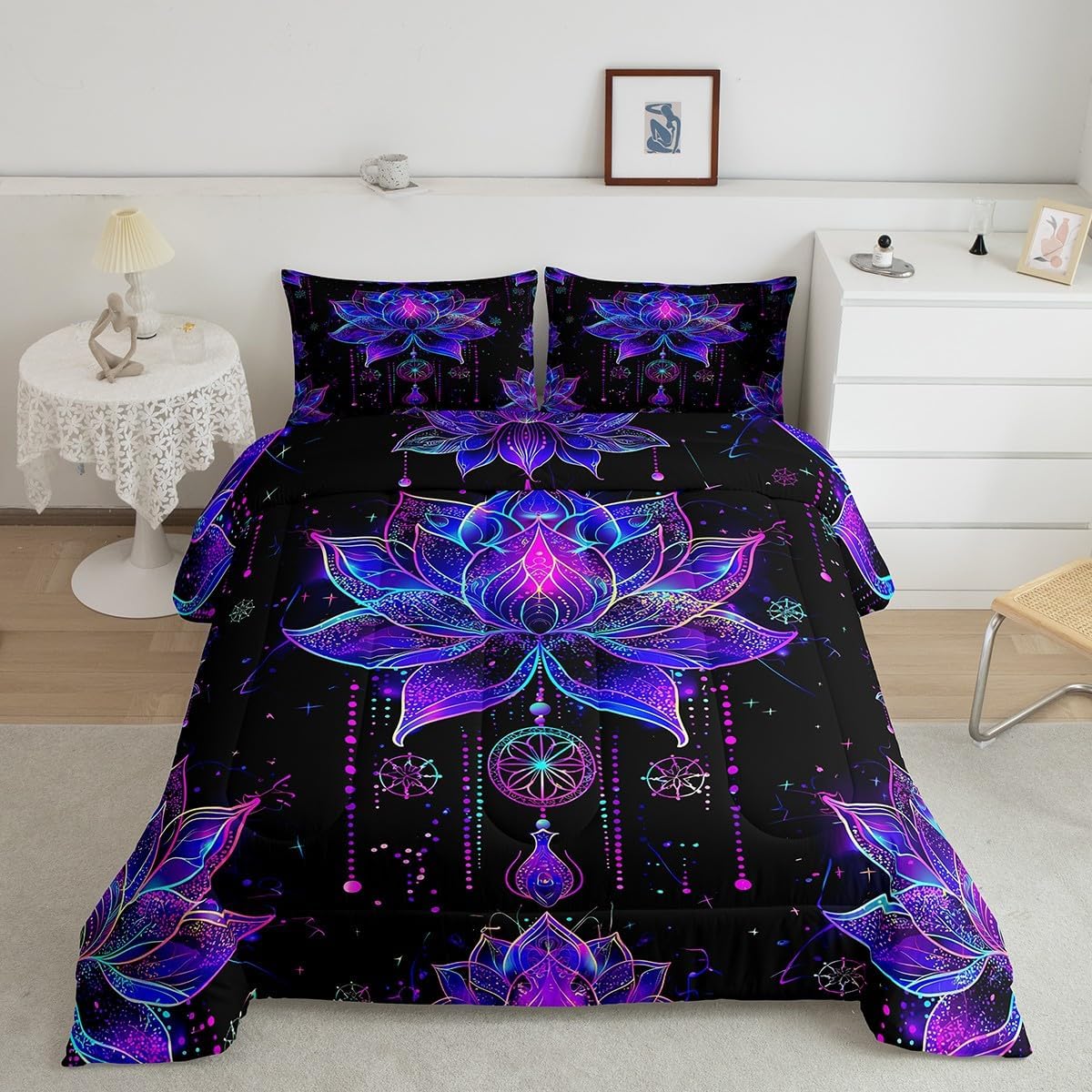 Erosebridal Lotus Queen Comforter Set Dreamy Mandala Bedding Set,Boho Floral Quilt Exotic Tribal Damask Flowers Duvet Insert,Artsy Nordic Psychedelic Bohemian Decor,Teal Purple