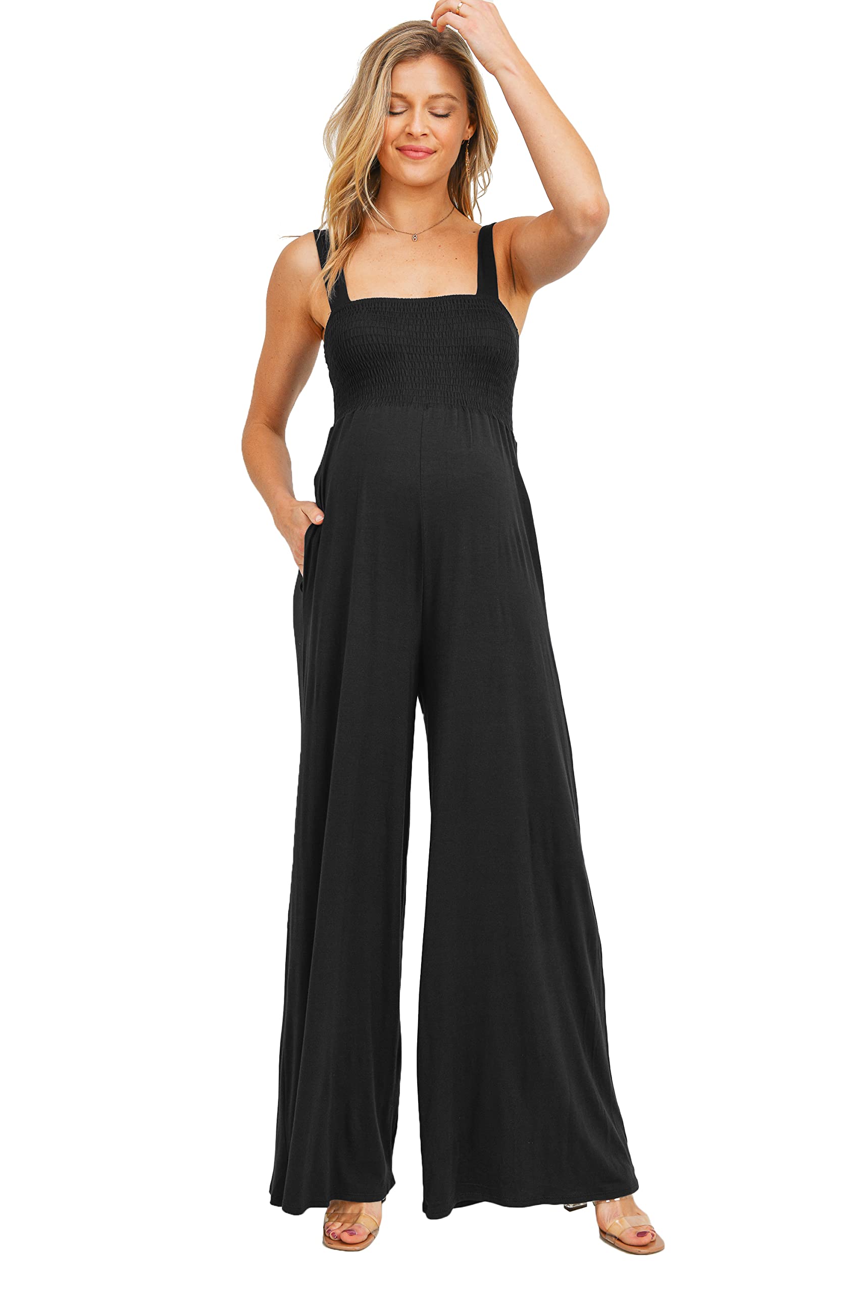 Women's Maternity Sleeveless Jumpsuit Romper with Smocked Neck
