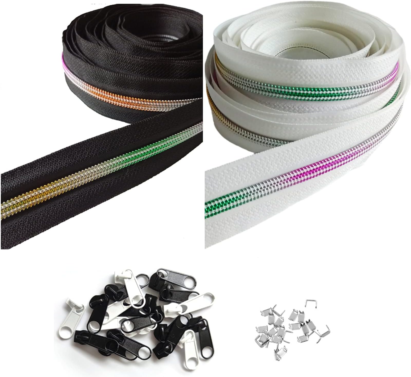 rumitpan Rainbow Zip 3 mm 10 m Nylon Zips Endless with 30 Zippers and 60 End Pieces, Endless Zip Spiral Sold by the Metre Separable 2.5 cm Width for Bag Clothing Bed Linen
