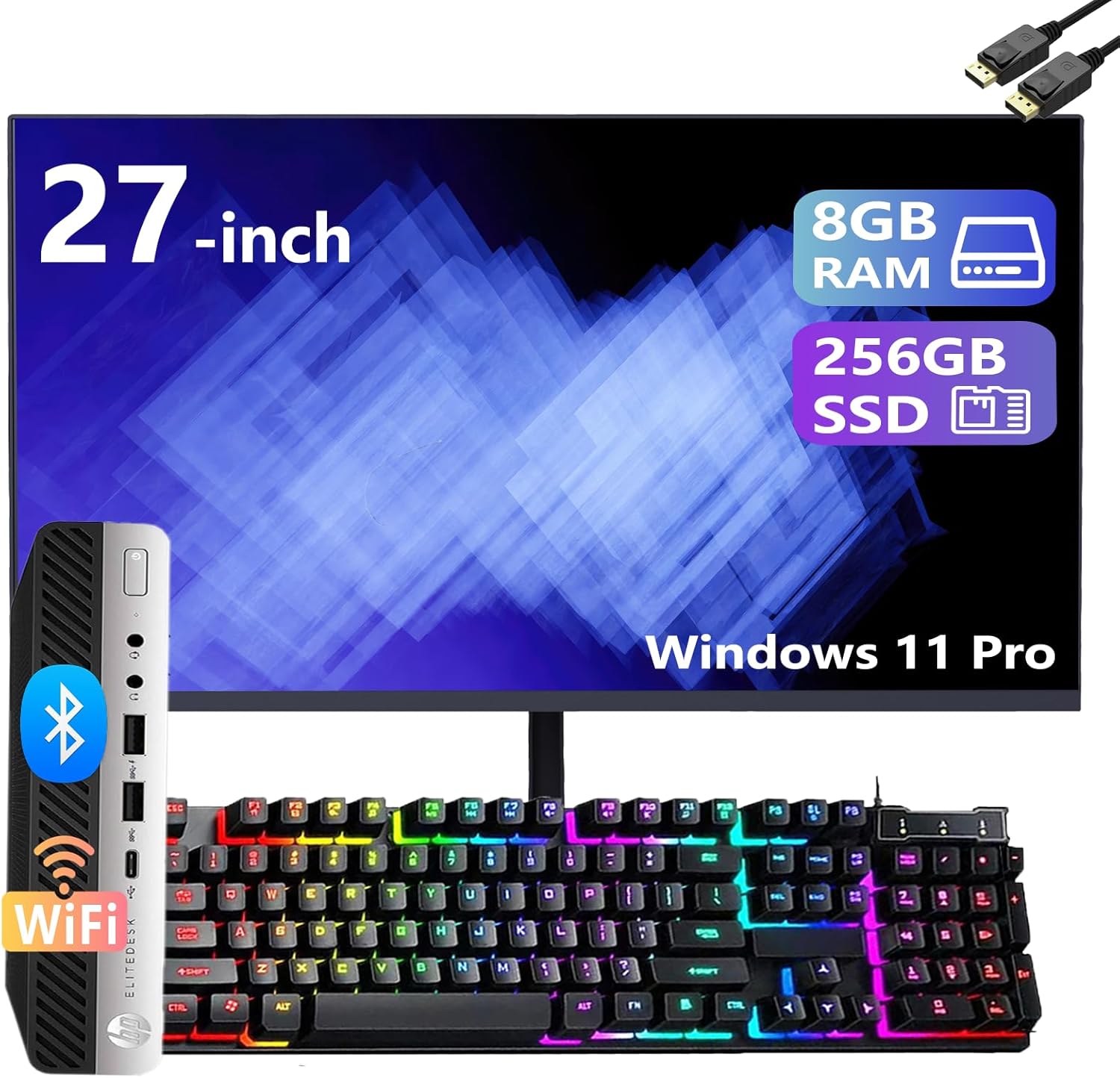 HP EliteDesk 705 G4 Mini Desktop Computer with 27" FHD Monitor, AMD Ryzen 5 2400G 3.6GHz, 8GB RAM, 256GB SSD, Keyboard & Mouse, USB WiFi, Windows 11 Pro (Renewed)