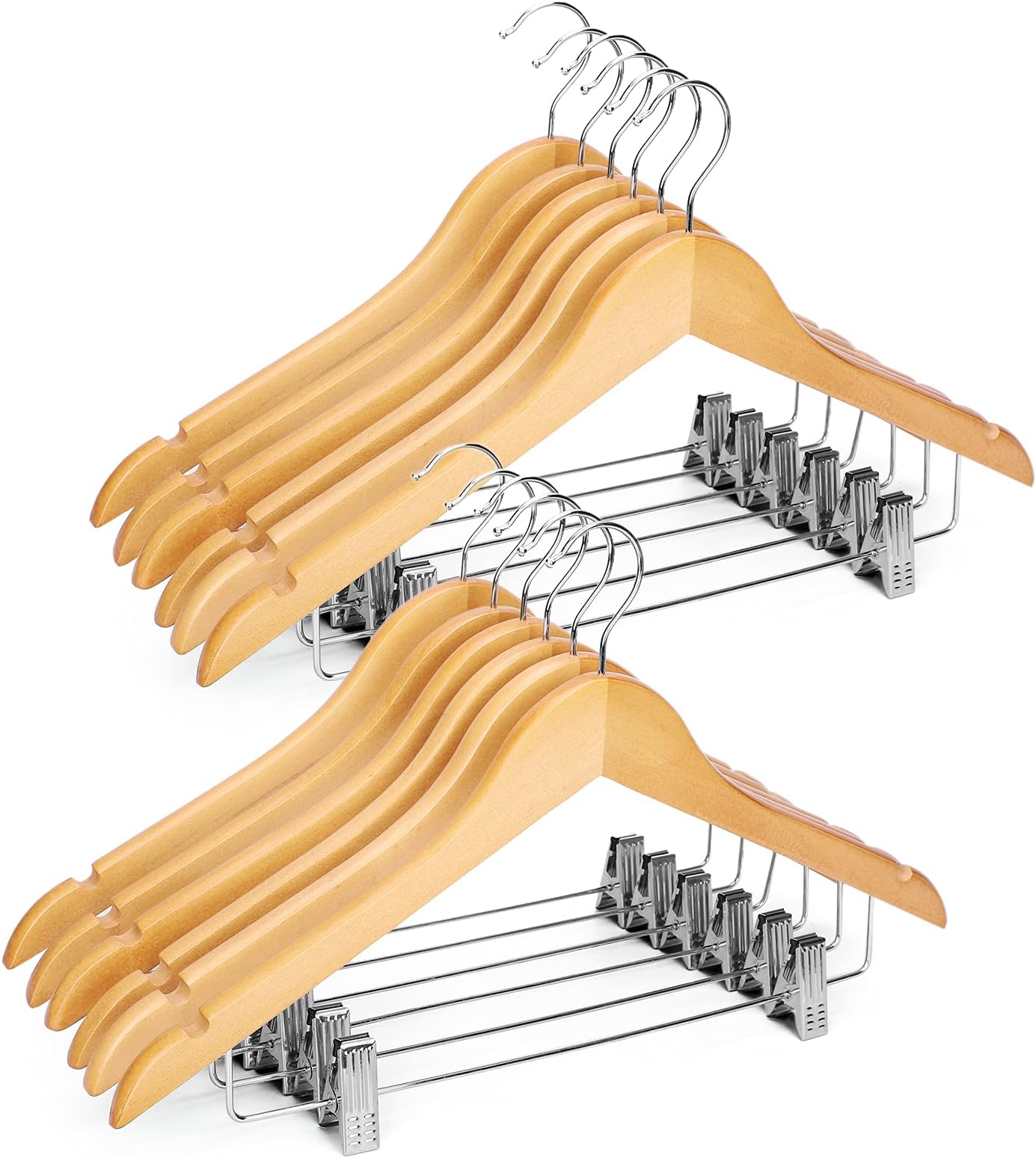 cozymood Wooden Hangers with Clips 12 Pack Premium Wooden Coat Hangers for Closet Durable Natural Wooden Pants Hangers with Clips Heavy Duty Hangers for Pants, Suits, Skirts, Jeans, Shirts, Shorts