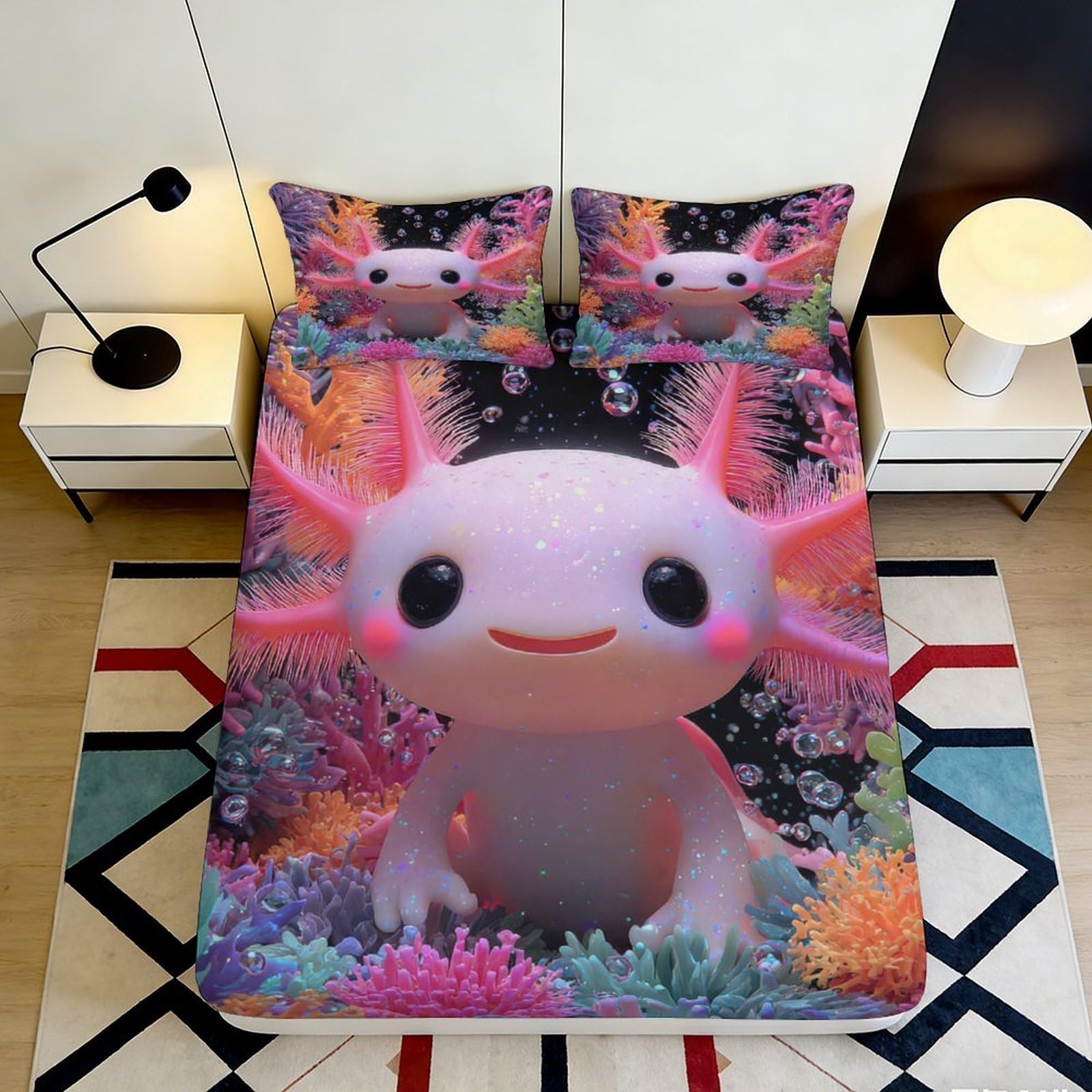 Pnayamiorkfel Style-3 3D Printed Cute Axolotl Fitted Sheet Microfiber Soft Breathable Coral Reef Bed Cover For Bedroom Dorm Decor 90X200x25cm