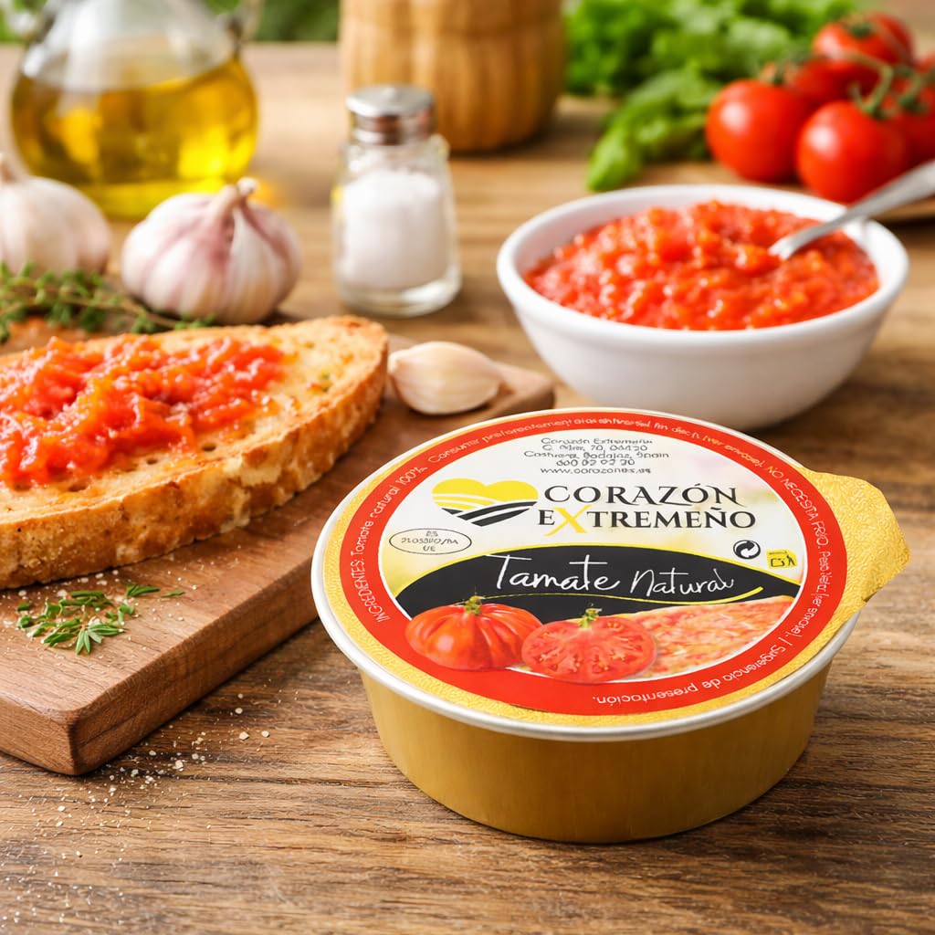CORAZON EXTREMEÑO Tomate Natural Rallado Monodosis 30x25g | 100% Tomate Natural | Sin Conservantes ni Colorantes | Sin Gluten ni Lactosa | Ideal para Tostadas y Hostelería | Entrega en 24h