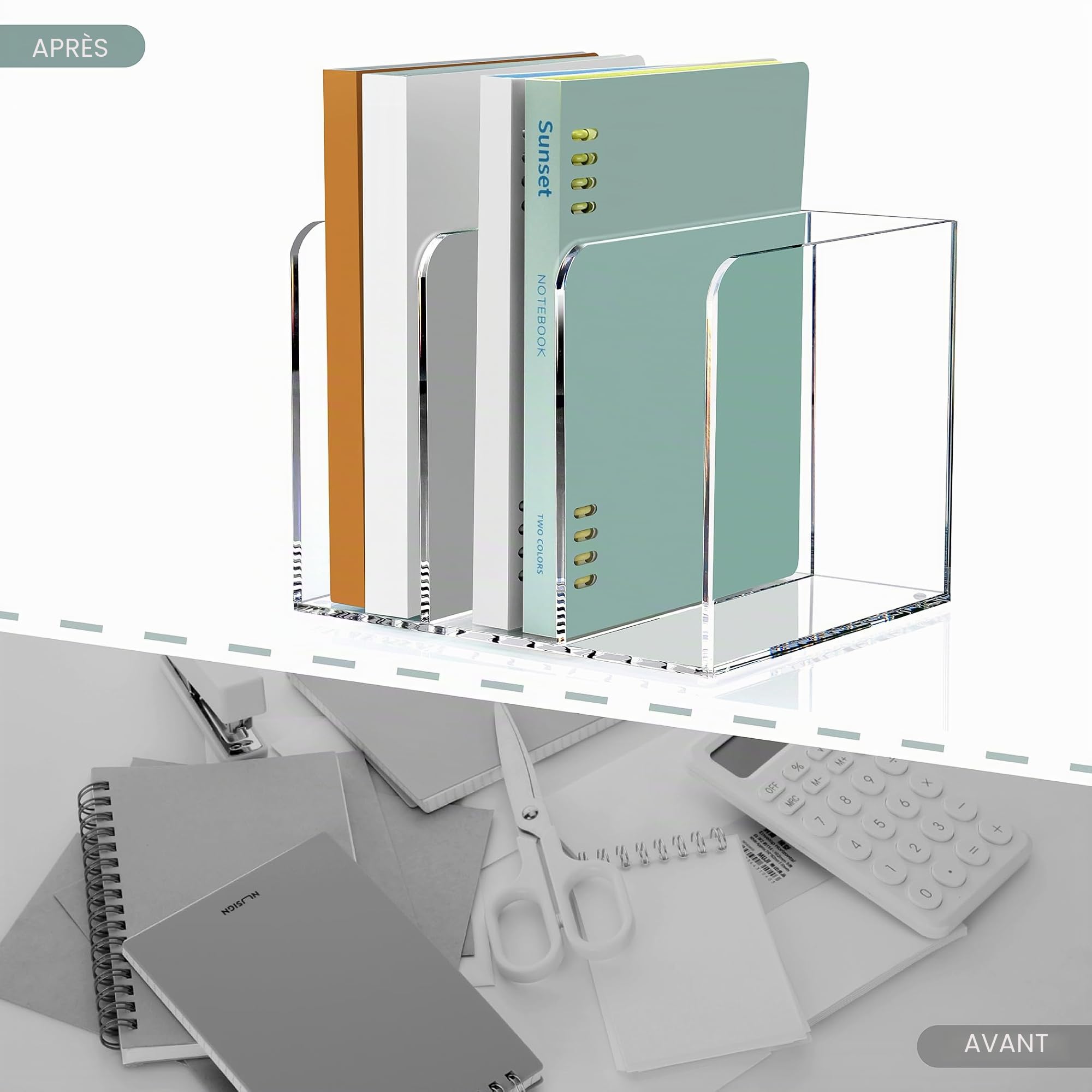 SANRUI Porte-revues en acrylique pour bureau avec organiseur et 3 compartiments verticaux, Support Organiseur de Bureau, pour Papier A4 Dossier Magazine Cahier CD Livre