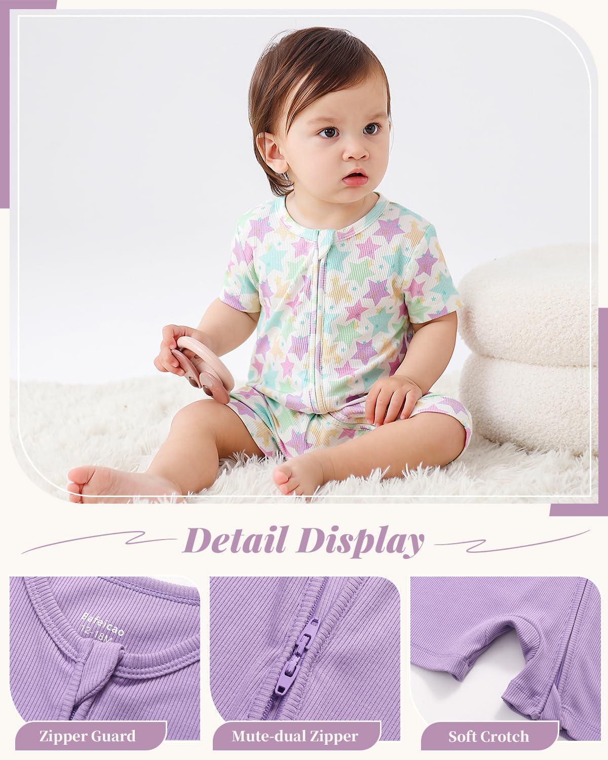 Bafeicao Baby 2 Pack Bamboo Viscose Sleeper Romper Soft Ribbed Short Sleeve 2 Way Zipper Summer Pajamas Clothes
