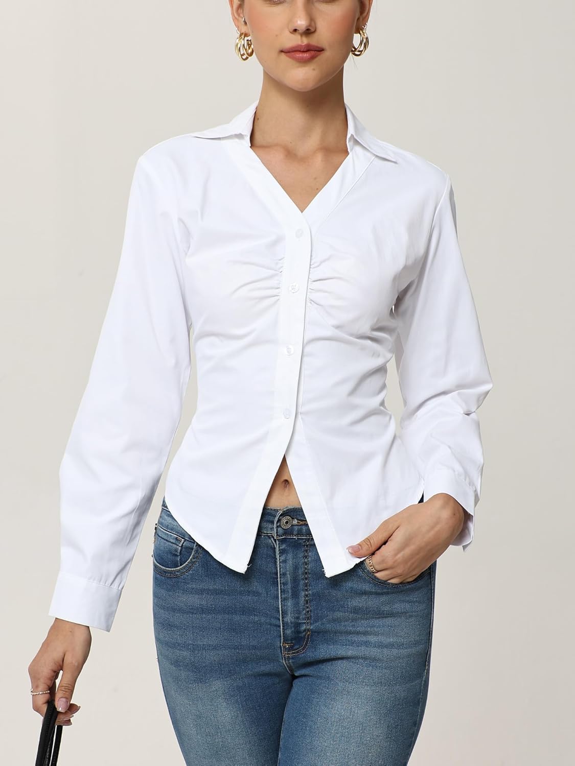 SUNNOW Women's V-Neck Ruched Blouse Long Sleeve Button Down Shirt with Lace Up Tie Back & Cinched Waist for Work Casual - Image 8