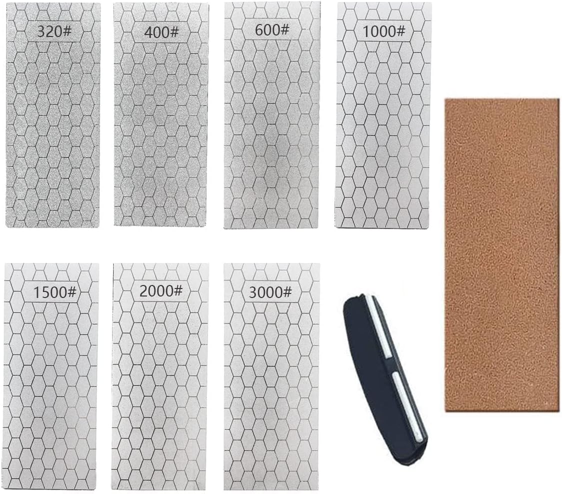 - Diamond Sharpening Stone, Knife Sharpener Stone Whetstone Honeycomb Surface Plate with Non-slip Base for Pocket Knives Scissors (320/400/600/1000/1500/2000/3000 Grit，with Angle Guide and Leather)