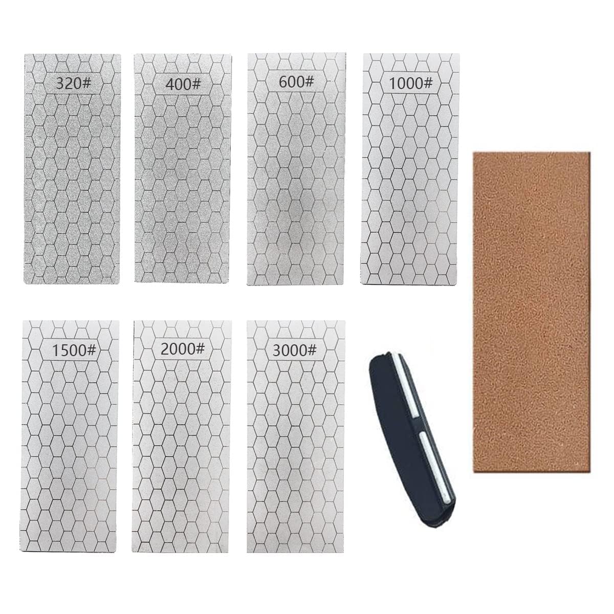 Diamond Sharpening Stone, Knife Sharpener Stone Whetstone Honeycomb Surface Plate with Non-slip Base for Pocket Knives Scissors (320/400/600/1000/1500/2000/3000 Grit，with Angle Guide and Leather)