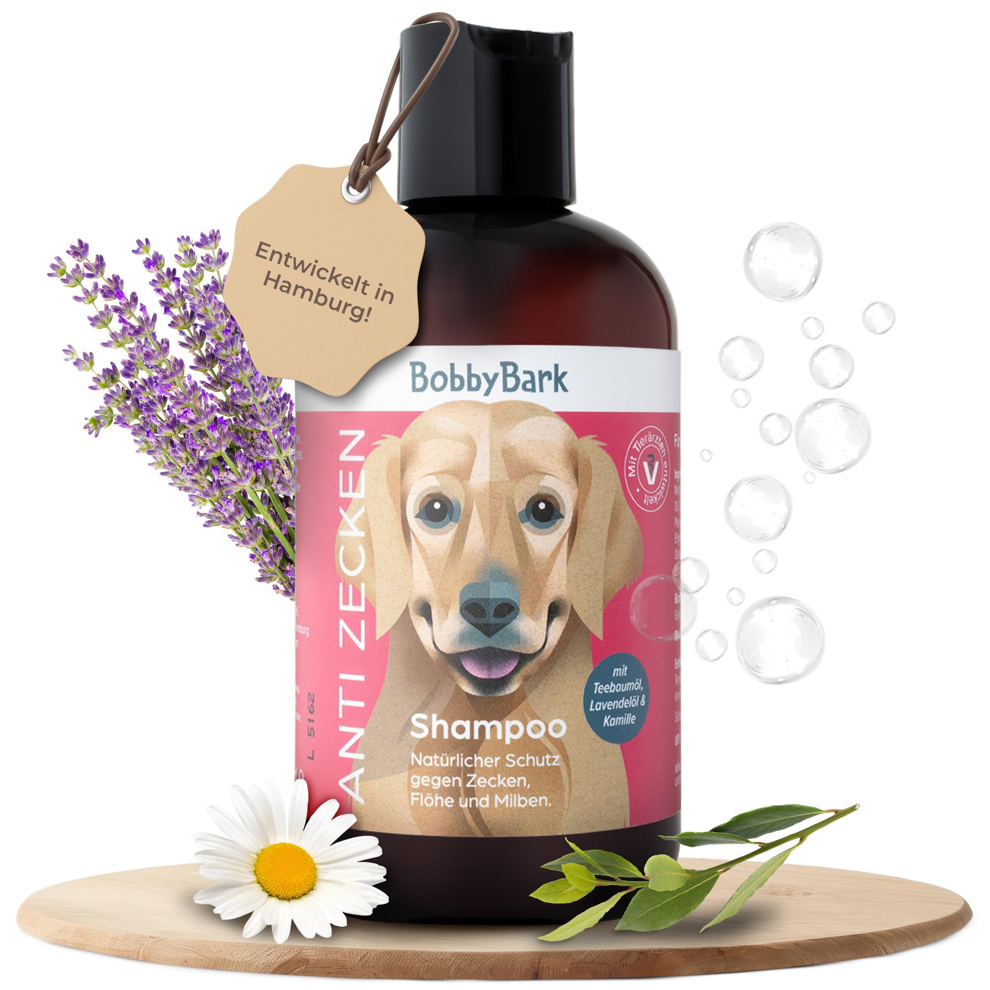 Bobby Bark Hundeshampoo Anti Zecken – Natürlicher Schutz vor Zecken, Flöhen & Milben – Mit Teebaumöl, Lavendel & Kamille – Mild & hautfreundlich – pH neutral & vegan – Flohshampoo Hund - 250 ml