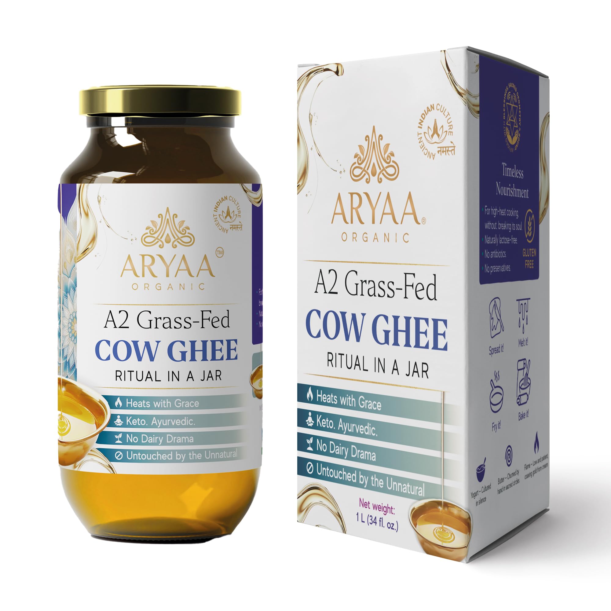 Aryaa Organic A2 Ghee | Grass-fed Cow Ghee, Bilona Method |1Liter (34 fl oz) | Premium Ayurvedic Elixir | Lactose-free, Non-GMO, Keto-Friendly, Gluten-Free, Hormone-Free, Additive Free
