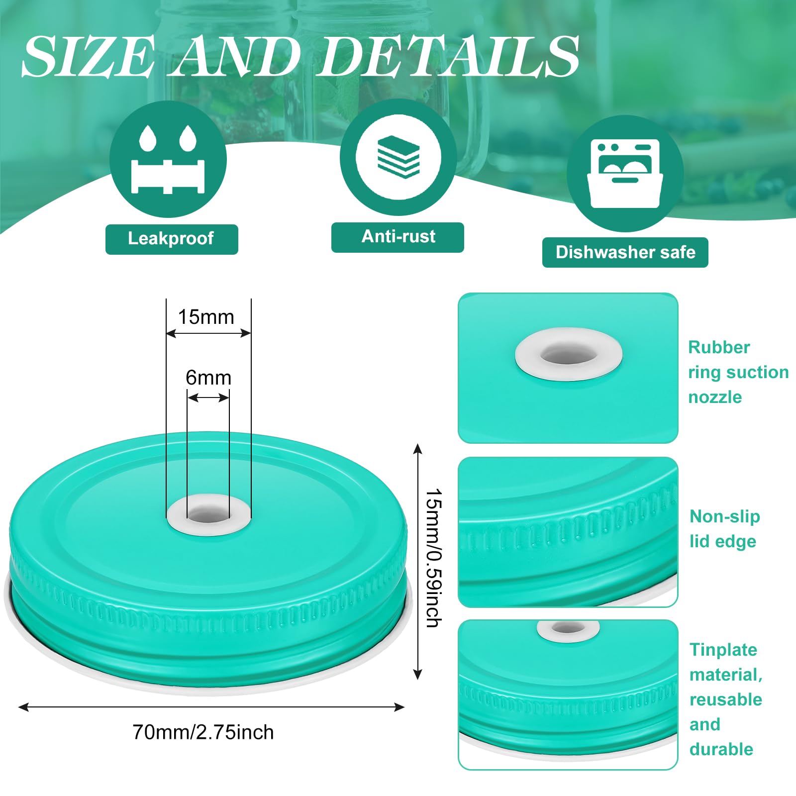 Mudder 8 Pieces Metal Regular Mouth Mason Canning Jar Lids with Straw Hole Leak Proof Reusable Jar, 2.7 Inch (Multicolor)