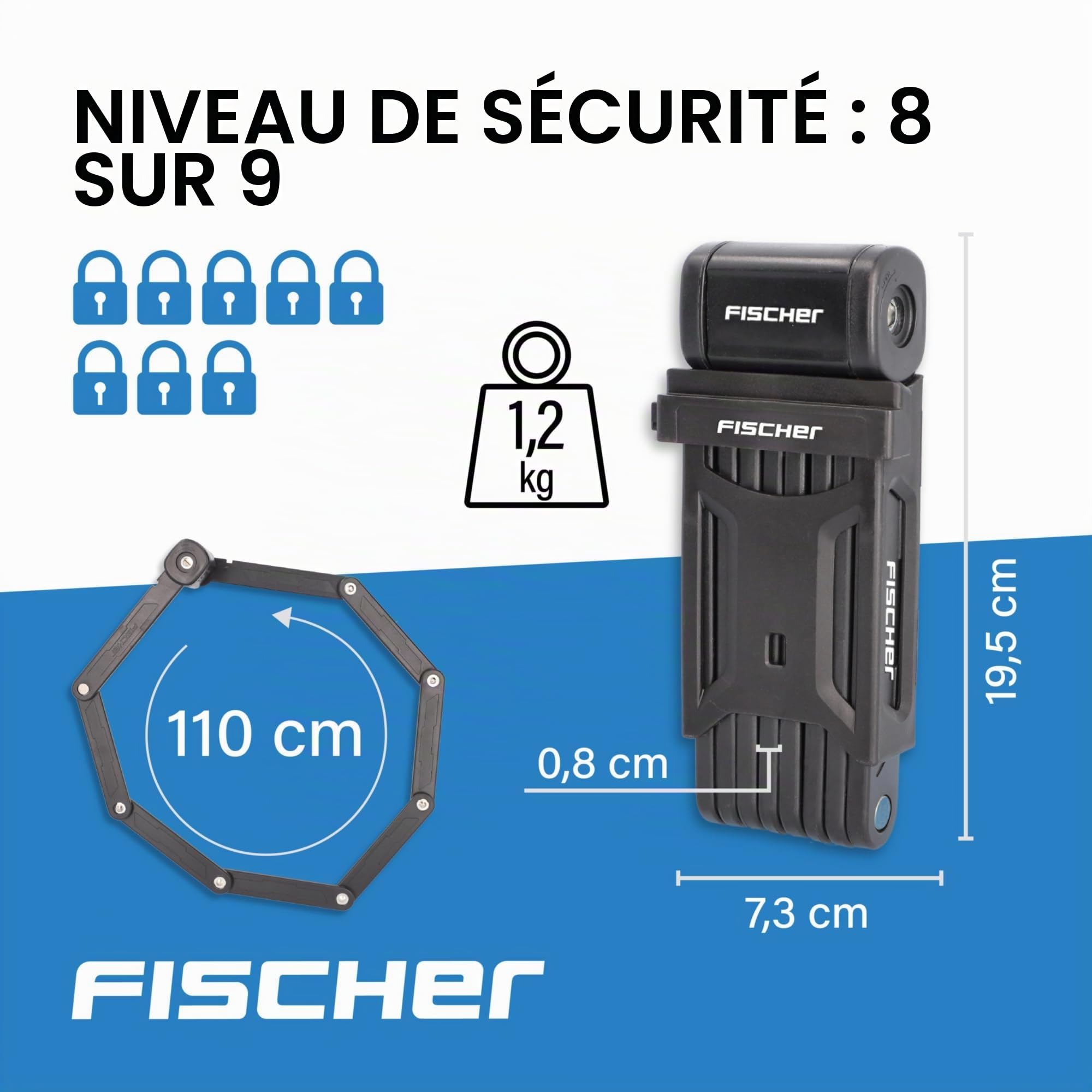 Cadenas Pliable Fischer avec Support et 2 clés de sécurité.
