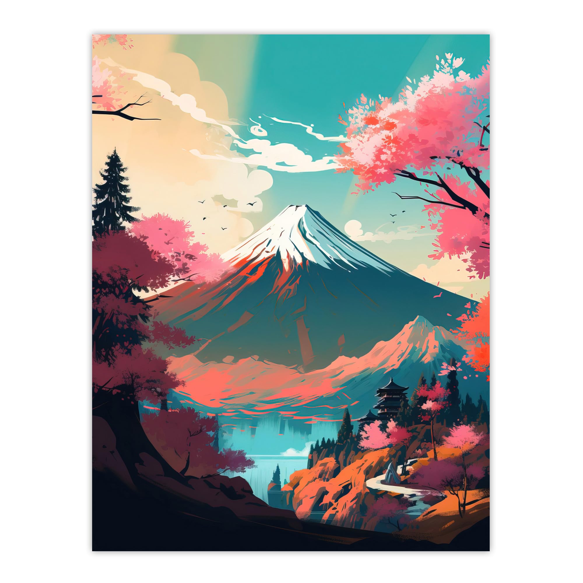 Mount Fuji View Through Cherry Blossom Trees Vibrant Wall Art Poster Print