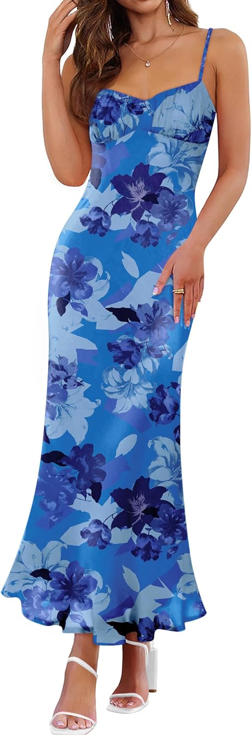 ZESICA Womens Summer Floral Spaghetti Straps Maxi Dress 2026 Sleeveless Square Neck Bodycon Beach Boho Long Dresses