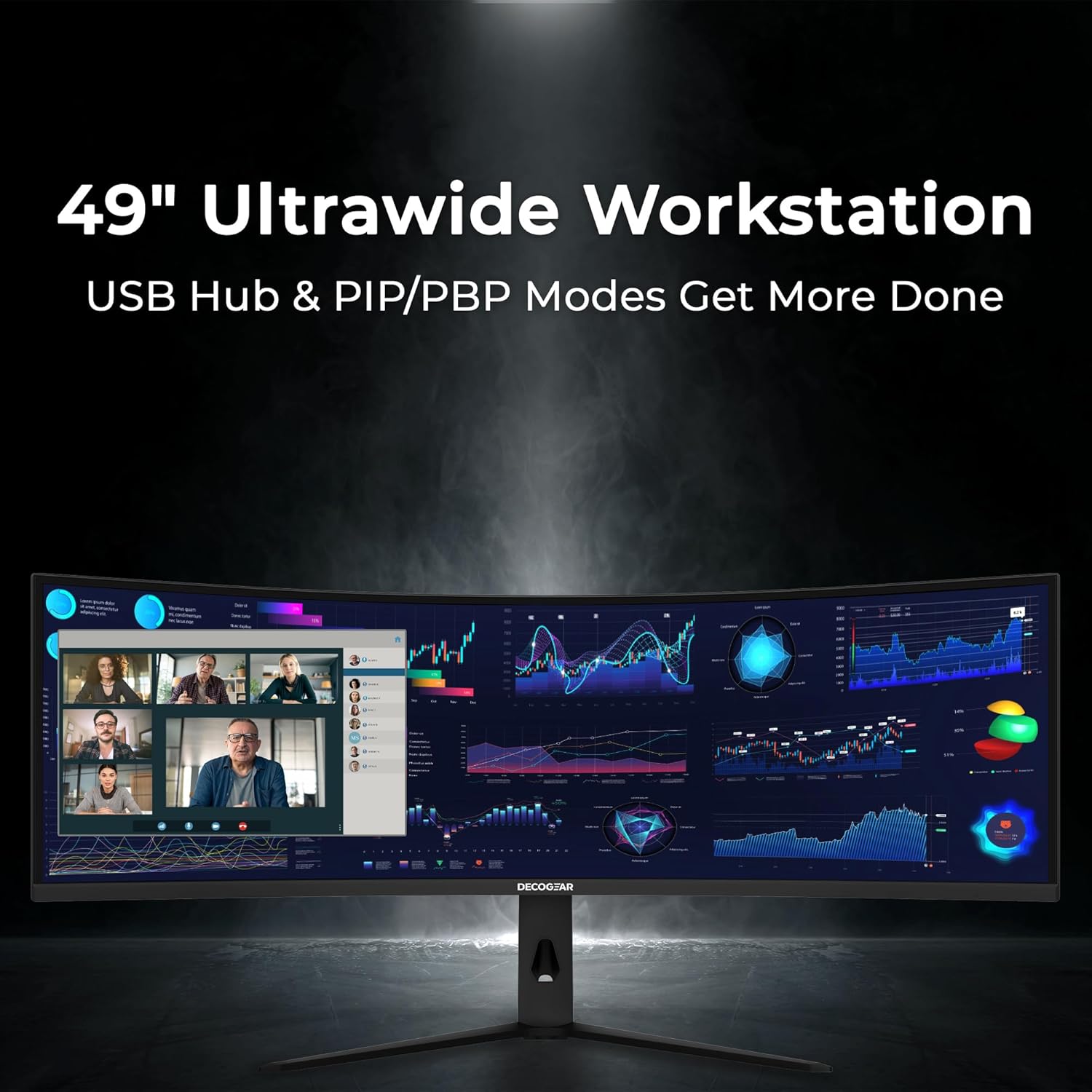 Deco Gear DGSKY49 49" Curved Ultrawide 32:9 R1000 Monitor | 5120×1440 Dual QHD | 120 Hz | USB-C 98 W PD | Adaptive Sync | HDR | KVM | PIP/PBP | DisplayPort 1.4 | HDMI 2.1 | Height Adjustable