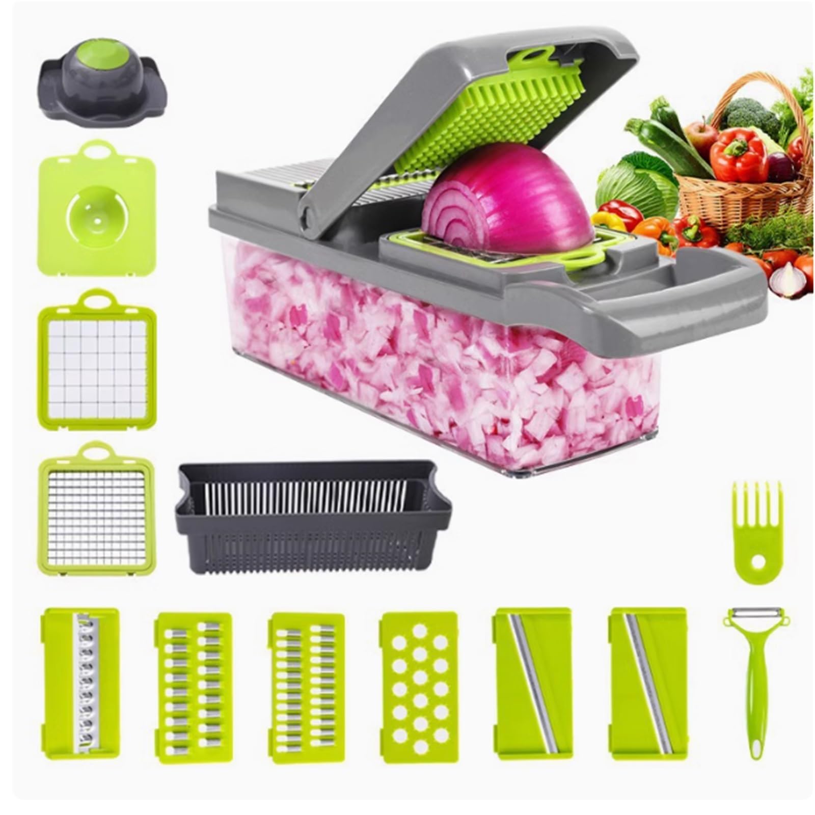 Picador de alimentos de cocina con recipiente, acero inoxidable, cortador de verduras, rebanador de frutas y verduras, cortador en cubitos, ahorra espacio, for ensalada de patatas y zanahorias, 13 pie