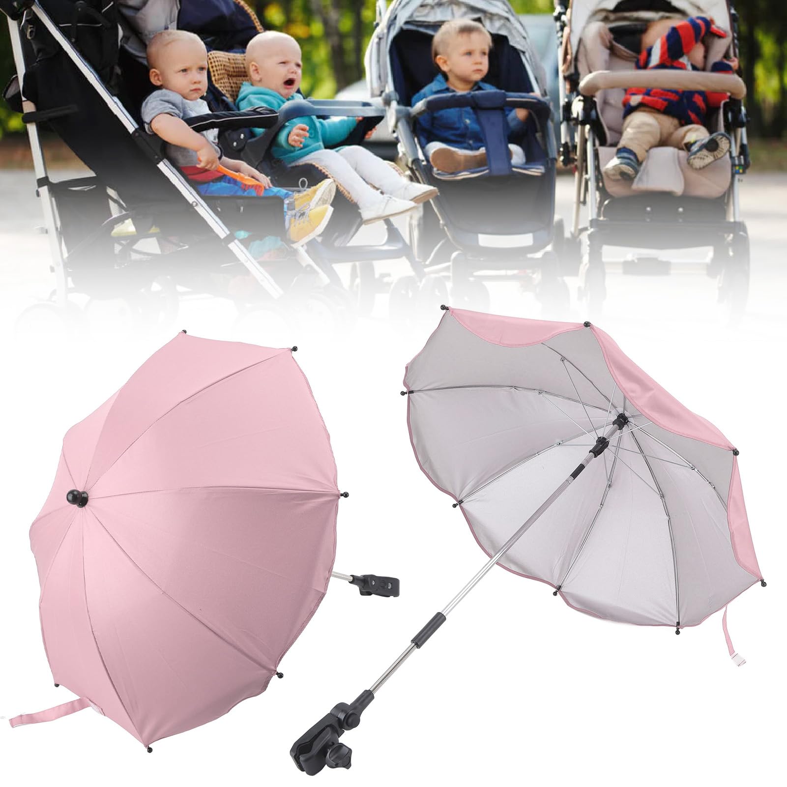 Parasol do Wózka Dziecięcego 14 Cali, Uniwersalna Parasolka do Wózka Dziecięcego Regulowana Ochrona UV Parasol Przeciwsłoneczny do Wózka Spacerowego, Gondoli, Wózka Inwalidzkiego (Różowy (srebrny klej))