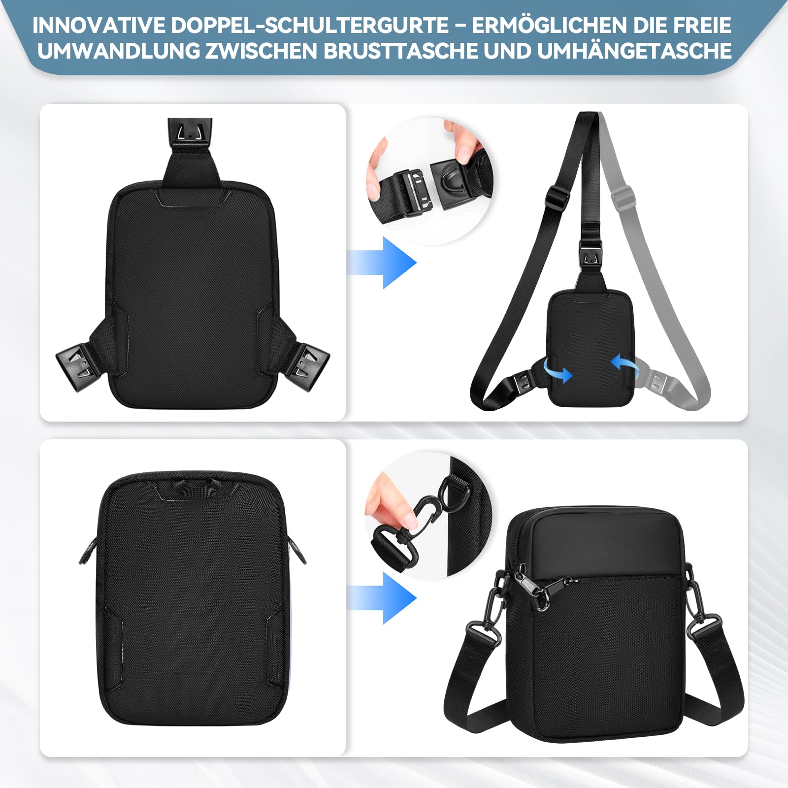 Eshow Umhängetasche Herren Damen, Anti-Diebstahl Brusttasche Schultertasche Wasserdicht Klein, Crossbody Sling Bag mit RFID-Schutztasche und Sicherheits-Reißverschluss für Reisen Outdoor Schwarz