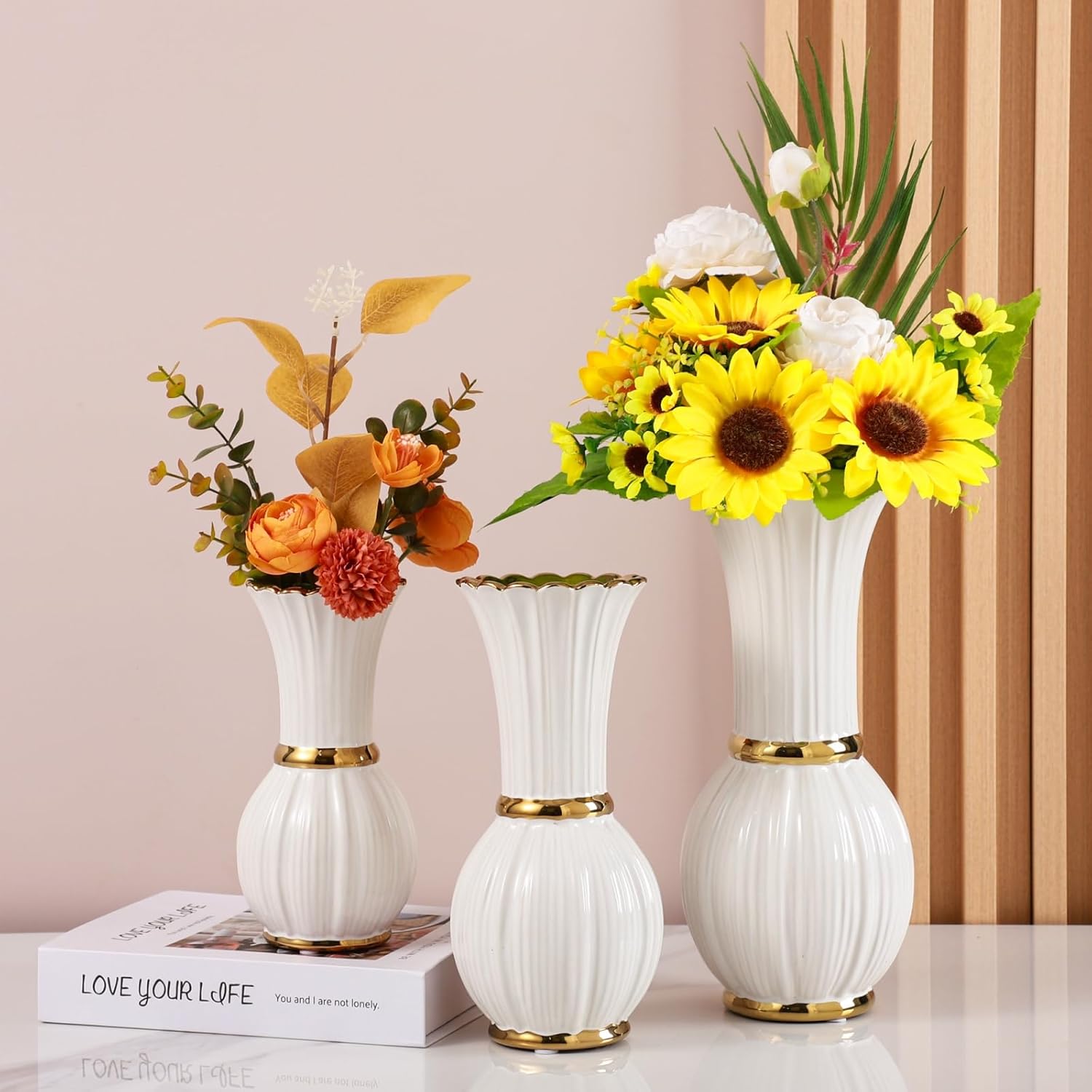White and Gold Ceramic Vase Decoration,Home Living Room Center Decorative Bottle for Living Room Dining Center Decoration. Office. Hotel. Dining Room