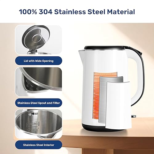 Vista 5 de YSSOA Hervidor eléctrico, doble pared de 1.8 L, interior de acero inoxidable 304, sin BPA, 1100 W de ebullición rápida, apagado automático