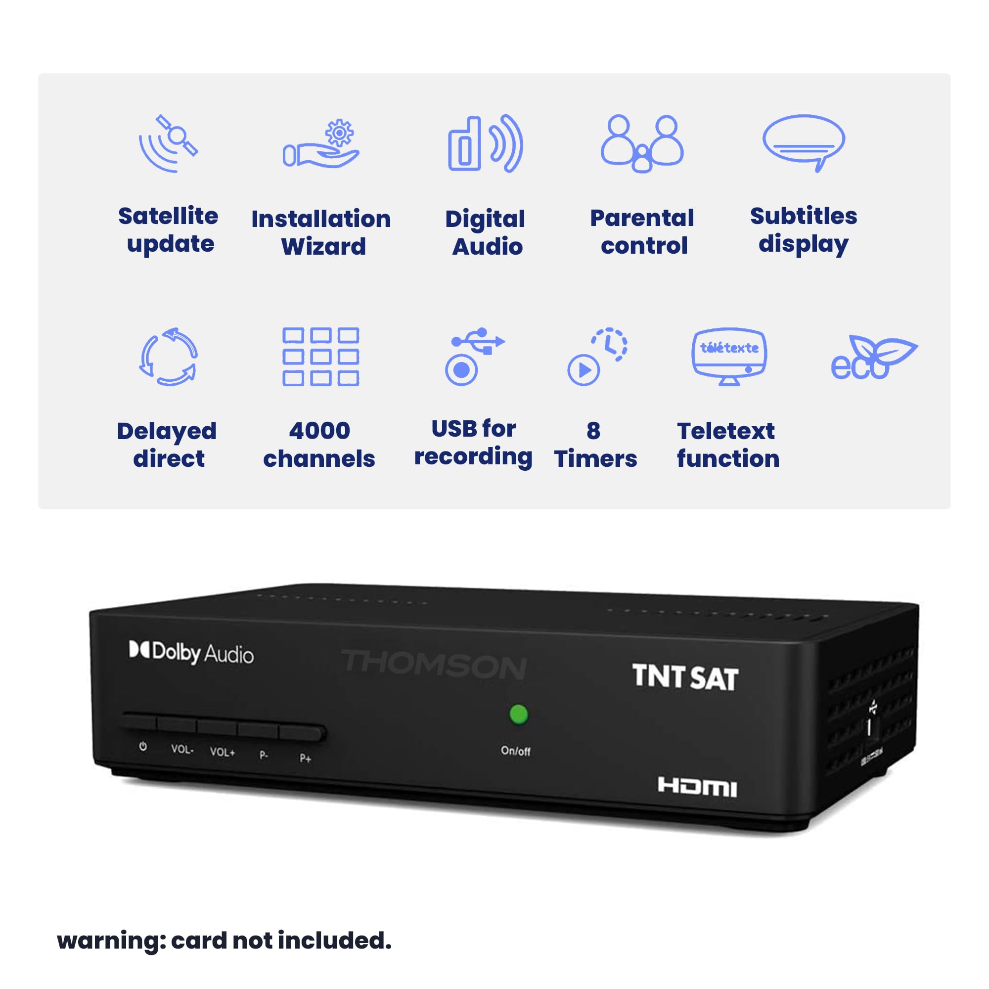 LEYF Thomson THS 806 TNTSAT HD, DVB-S2, HDMI, Péritel, Spdif, USB, Flux RSS, Alimentation 230/12V fournie, Il n'y a Pas de Cartes Dedans ! La Carte n'est Pas comprise dans la Livraison