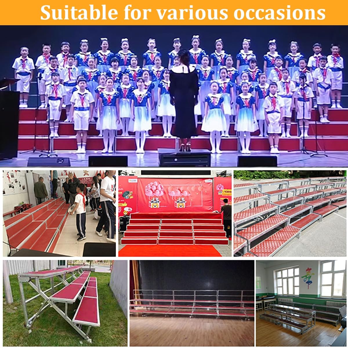 Sollevatori di coro a 3 strati con superficie antiscivolo, piattaforma palcoscenica portatile per eventi, spettacoli corali, scale in compensato multistrato (47 x 12 x 8 pollici) - Ideale per feste e