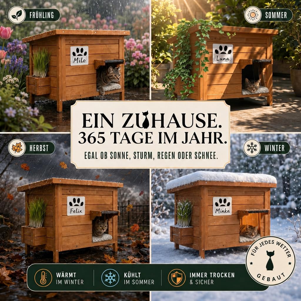 Katzenhaus Outdoor Wetterfeste aus Holz für draußen mit Namensschild, Pflanzkasten, selbstheizendem Kissen & Katzenminze-Spielzeug – Winterfest Katzenhütte für Garten, Terrasse oder Balkon