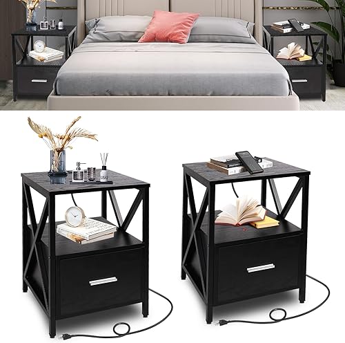 Miniatura 4 de Moderna mesita de noche con estación de carga, mesa auxiliar de madera con cajón y estante abierto, mesita de noche con puertos USB y tomacorriente,