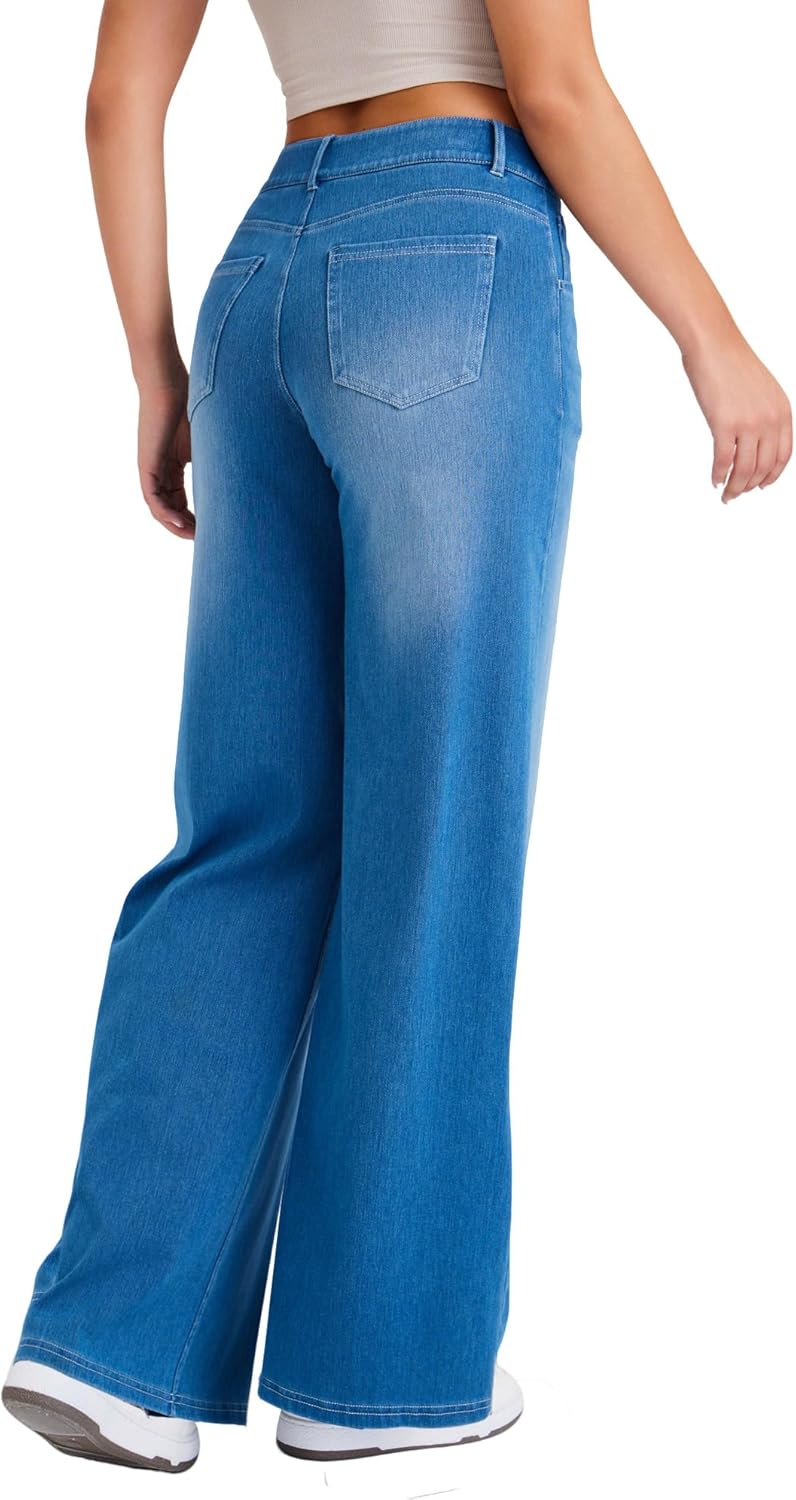 Wide Leg Jeans for Women with a Traditional Button and Zipper Placket Design,Straight Cut,High Elasticity Denim Pants