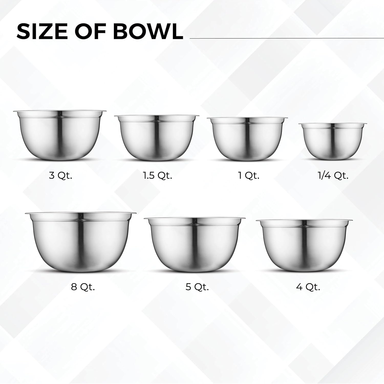 Avador Premium Stainless Steel Mixing Bowls, Set of 7 EXTRA Large Stainless Steel Mixing Bowl Set, Easy To Clean, Space Saving, Great for Cooking, Baking, Prepping (0.25, 1, 1.5, 3, 4, 5 and 8 Quart)